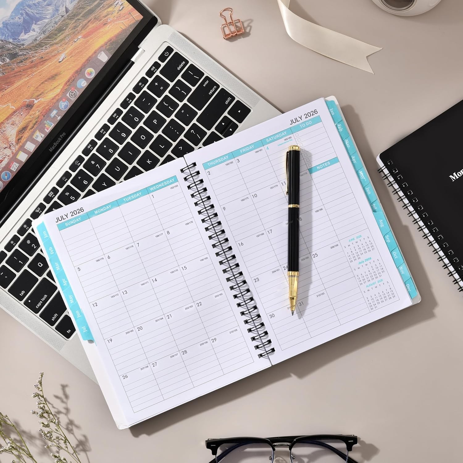 Classic Black 2026-2027 Monthly Planner – 2 Agenda with Twin-Wire Binding