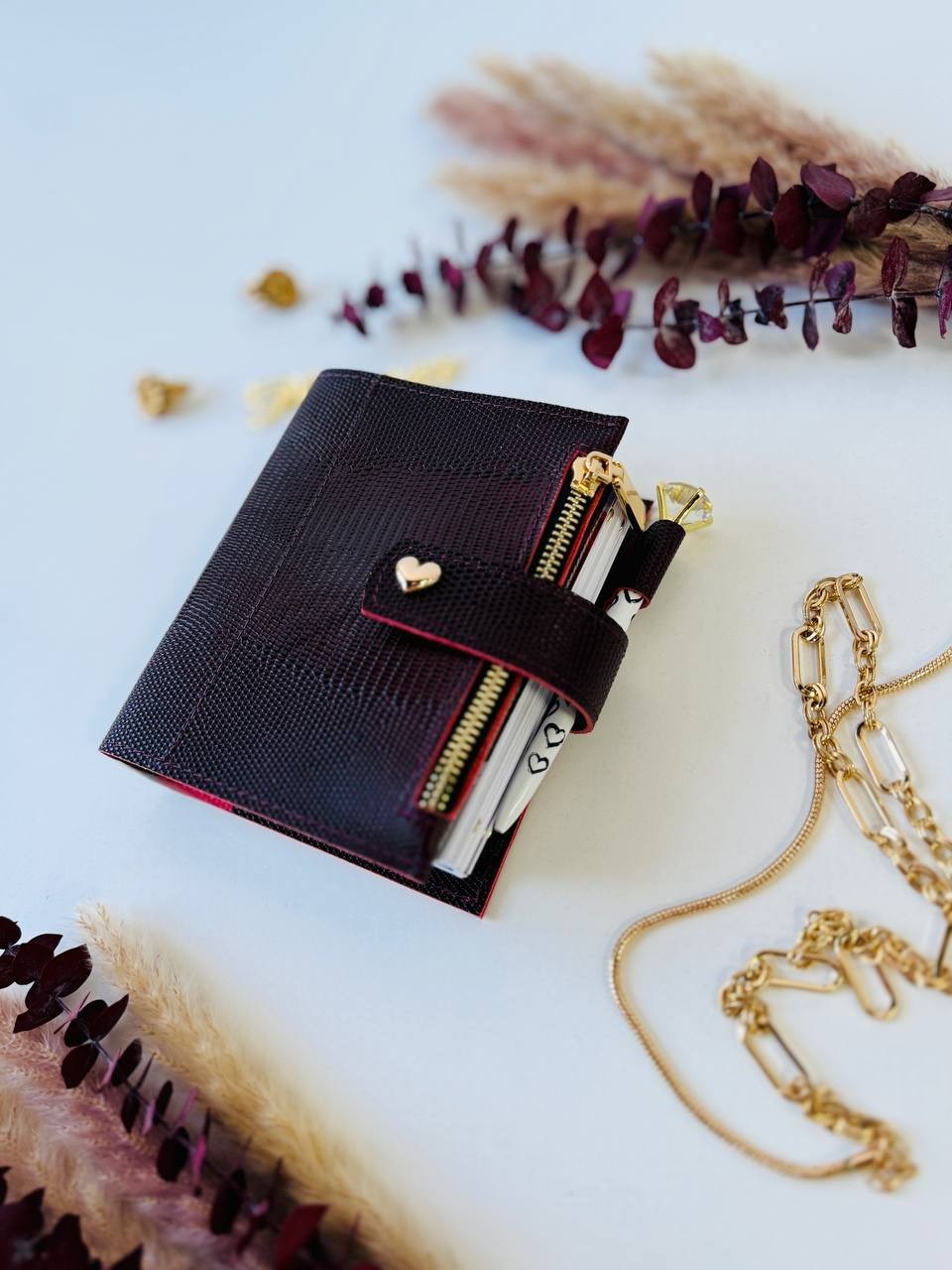 Burgundy handcrafted leather gift. Burgundy handmade planner wallet organizer.