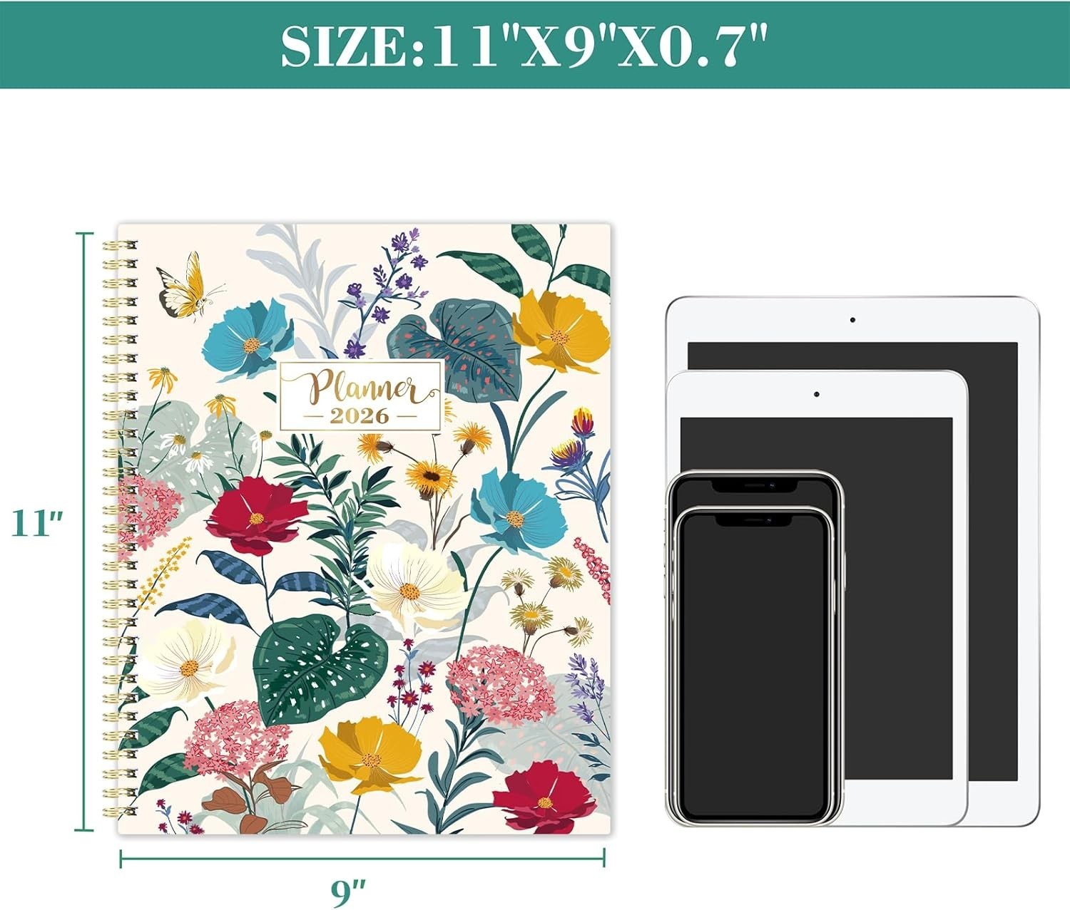 2026 Weekly & Monthly Planner 9×11 Jan–Dec Twin Wire Binding with Tabs