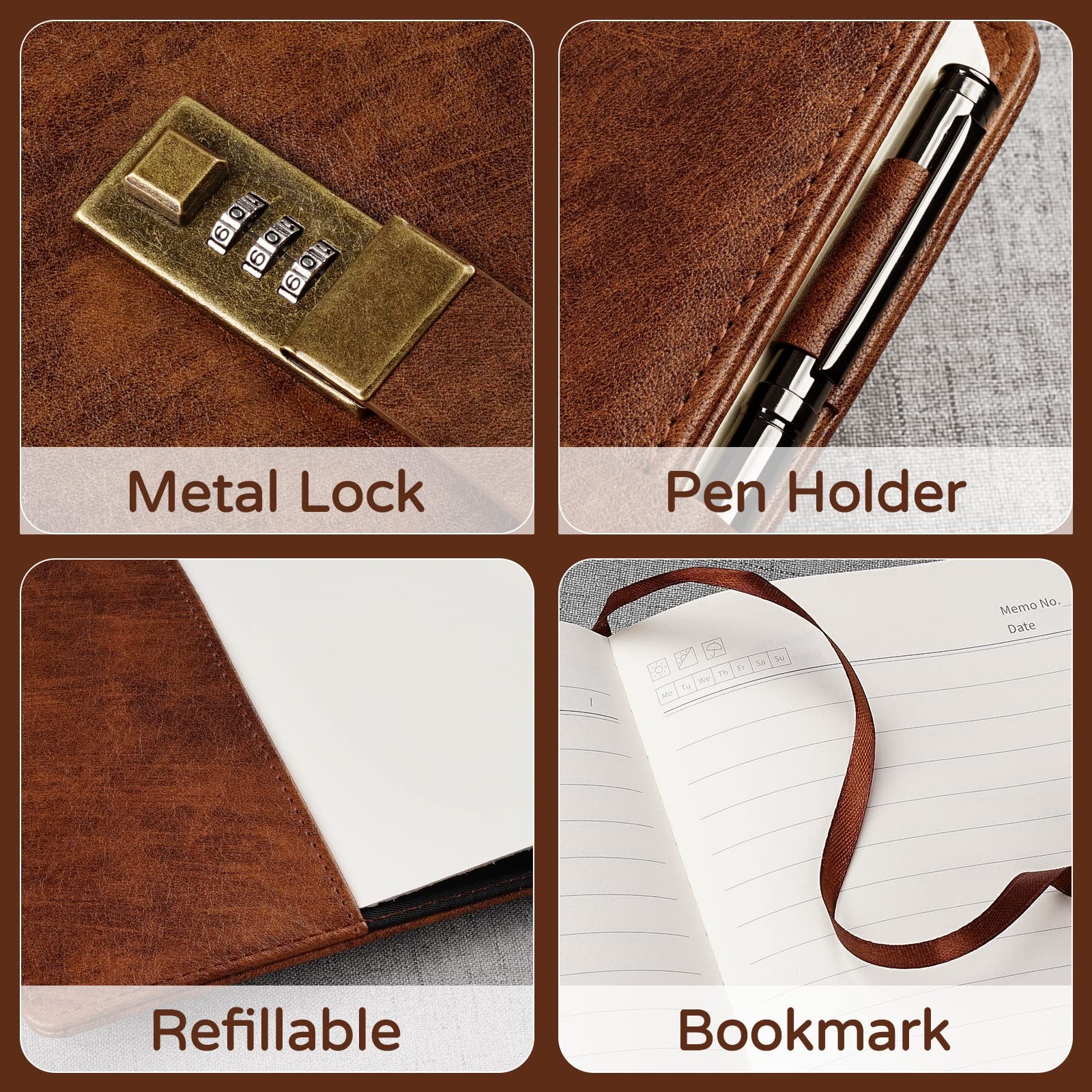 WEMATE Diary with Lock, A5 PU Leather Journal A5（5.8 x 8.6inch）, Brown