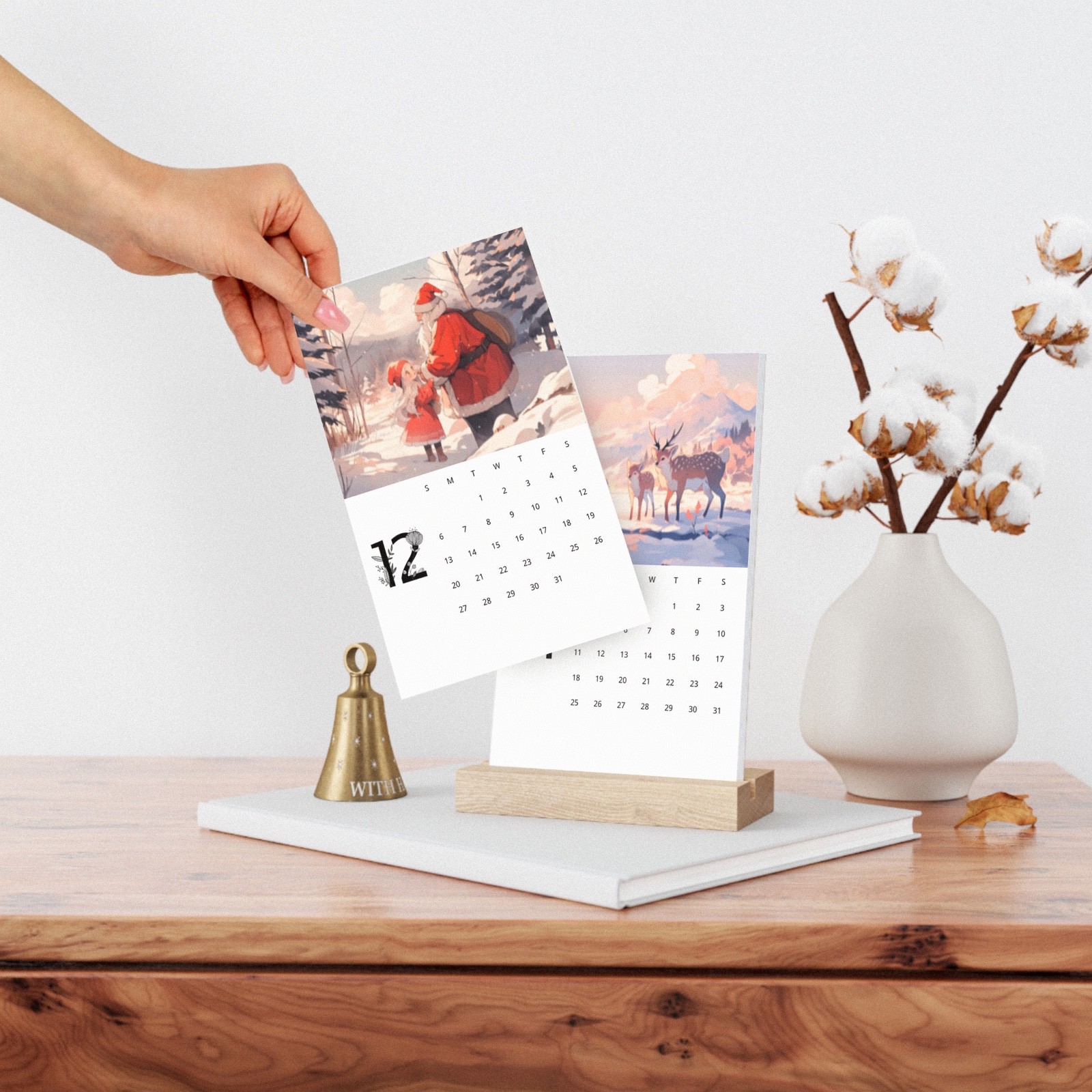 Kawaii Nature Scenes 2026 Desk Calendar, Vertical Calendar with Wood Stand 4″x6