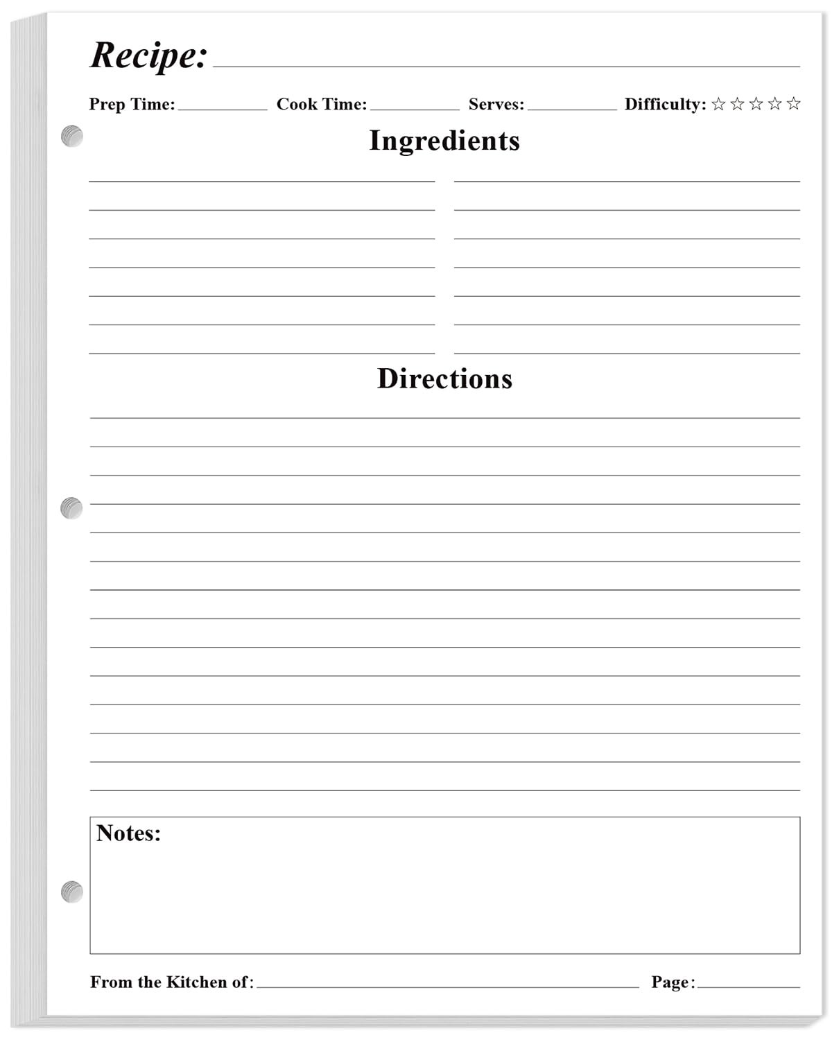 Blank Recipe Paper A4 Binder 3 Hole Refills 50 Sheets White 8.5×11 Inch