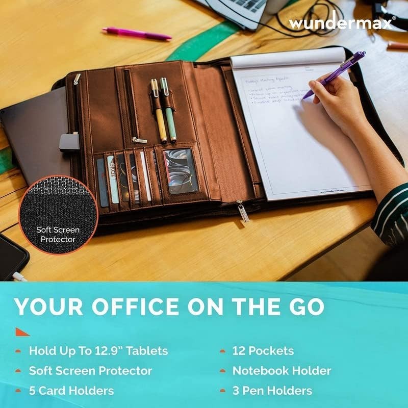 Wundermax Vegan Leather Portfolio Zipper Padfolio Organizer Notepad Tablet Brown