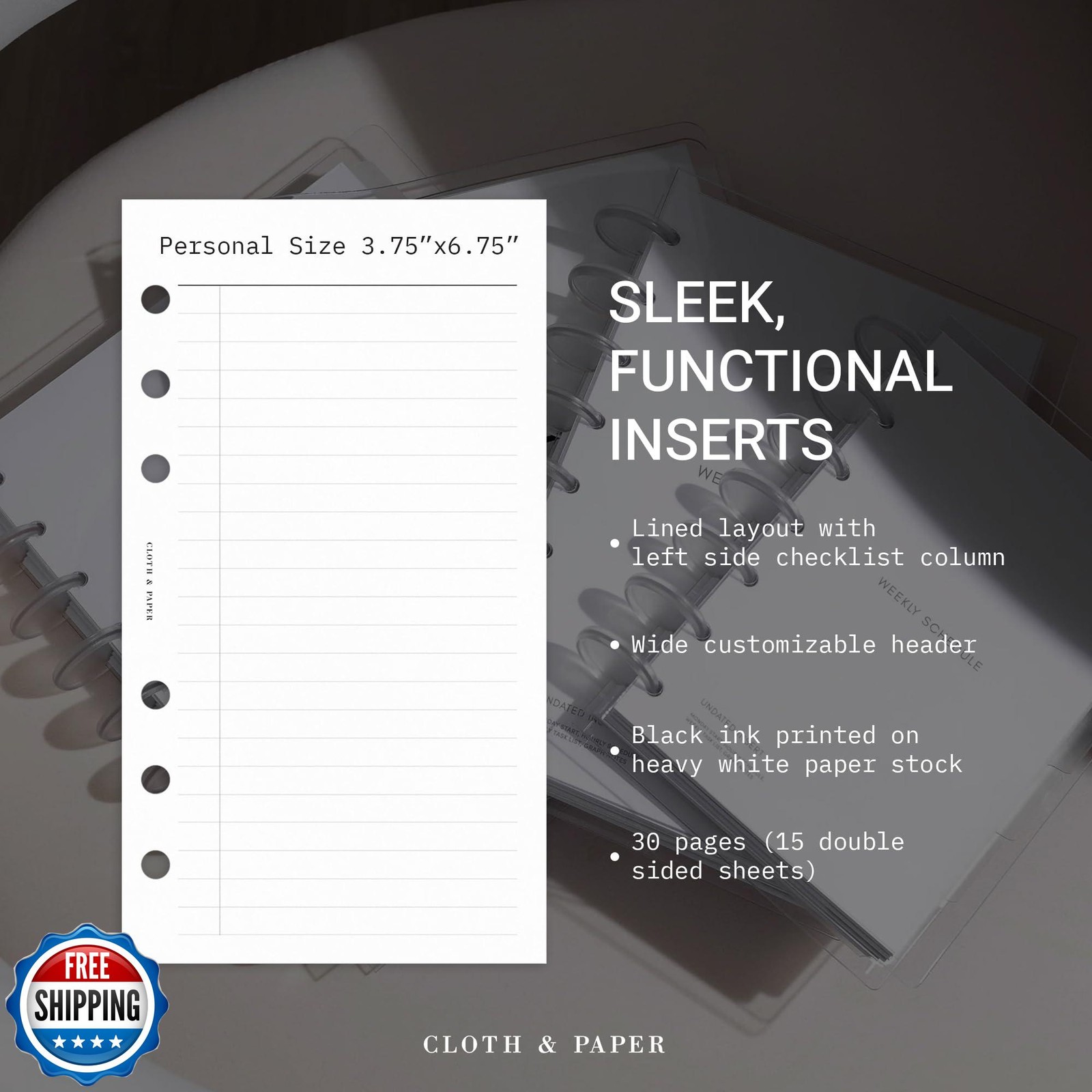 Cloth and Paper Task Planner Inserts – Personal Size 3.75 x 6.75 Inches | 6-R