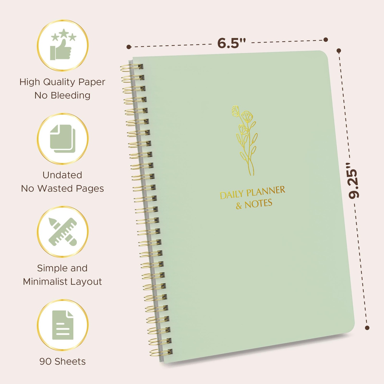 Simple Daily Planner Undated with Hourly Schedule – Planner, Sage Green