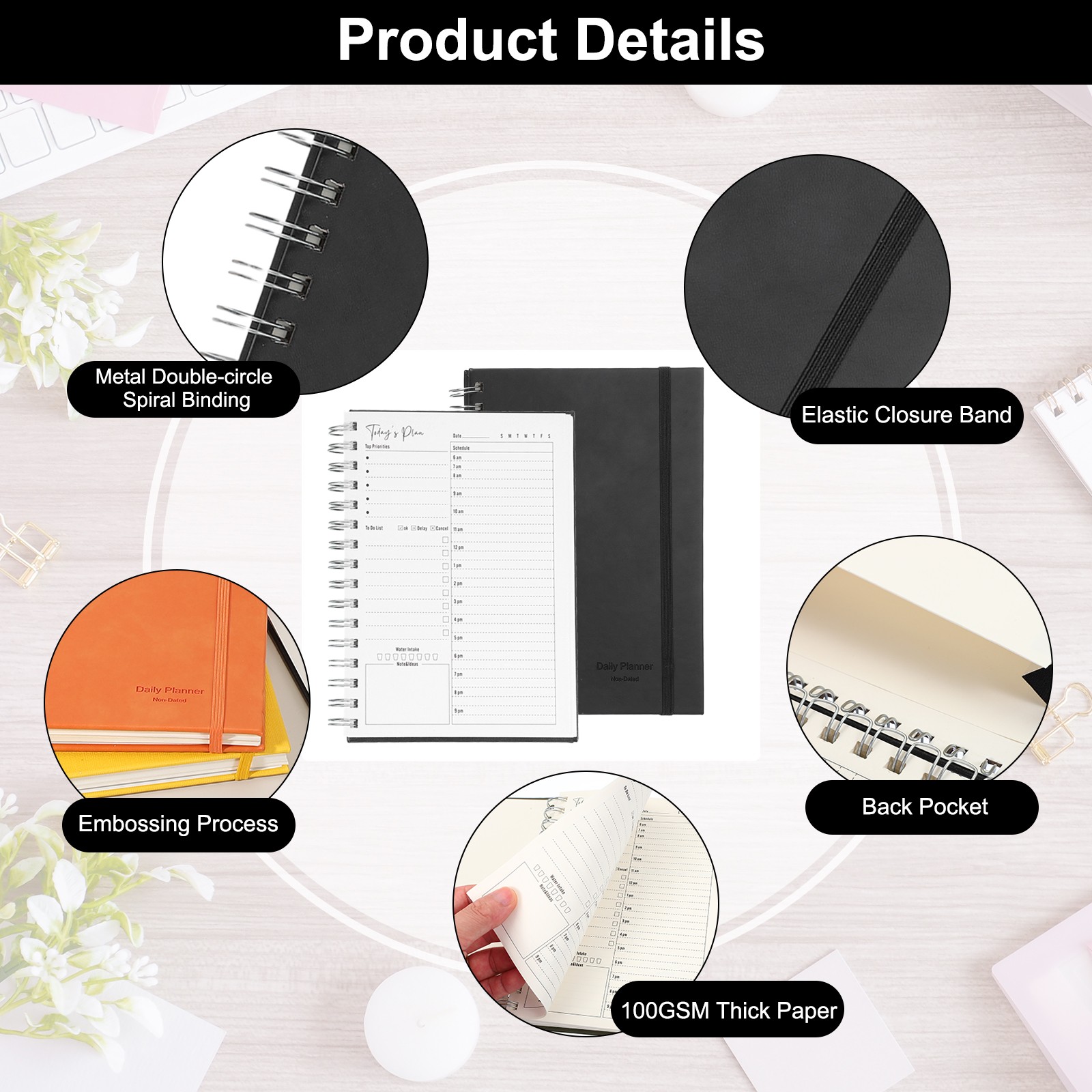 A5 5.5″x 8.5″ Undated Daily Planner with Hourly Schedule Inner Pocket, Black