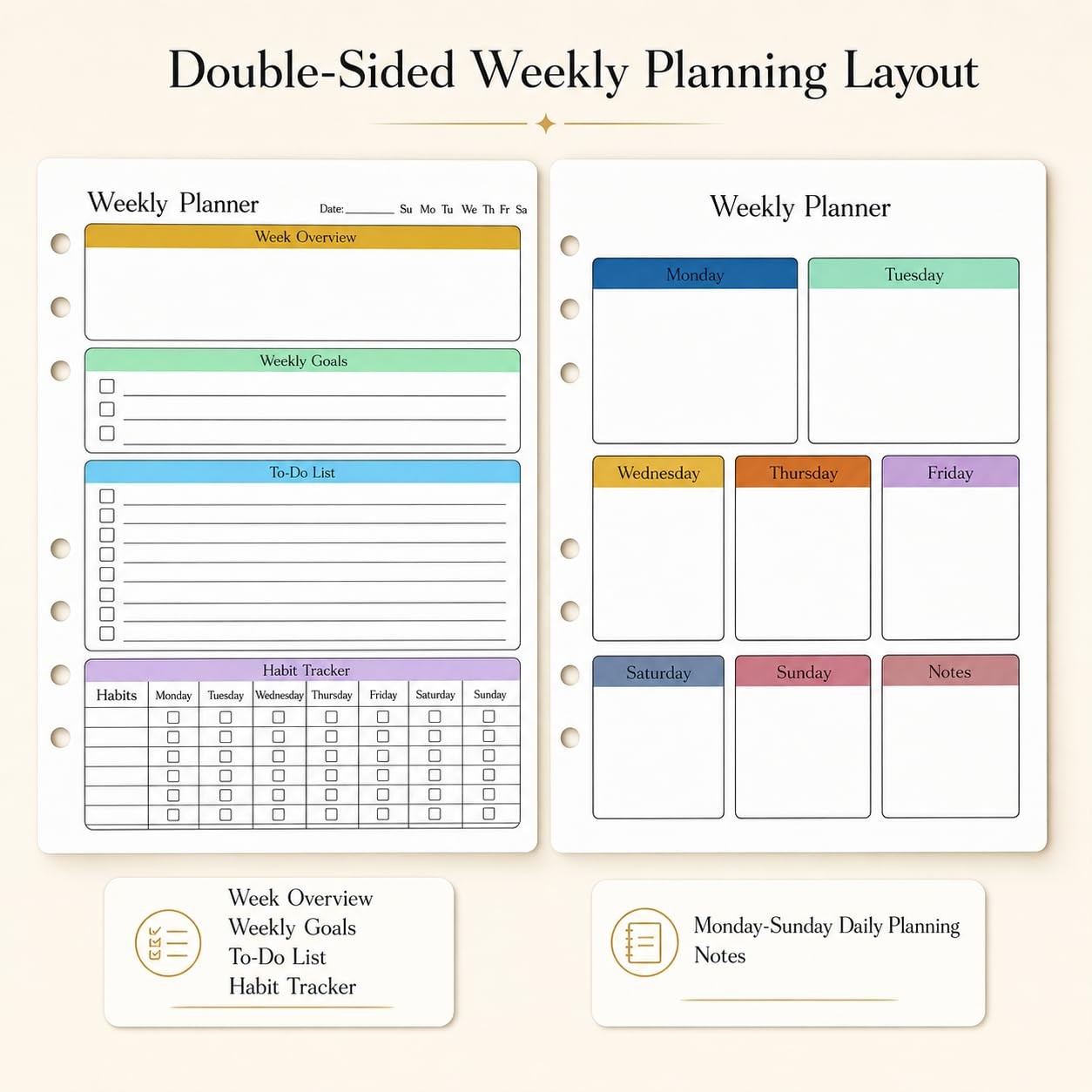 A5 Weekly Planner Inserts, Undated 6-Hole Planner Refill Pages with To-Do Lis…