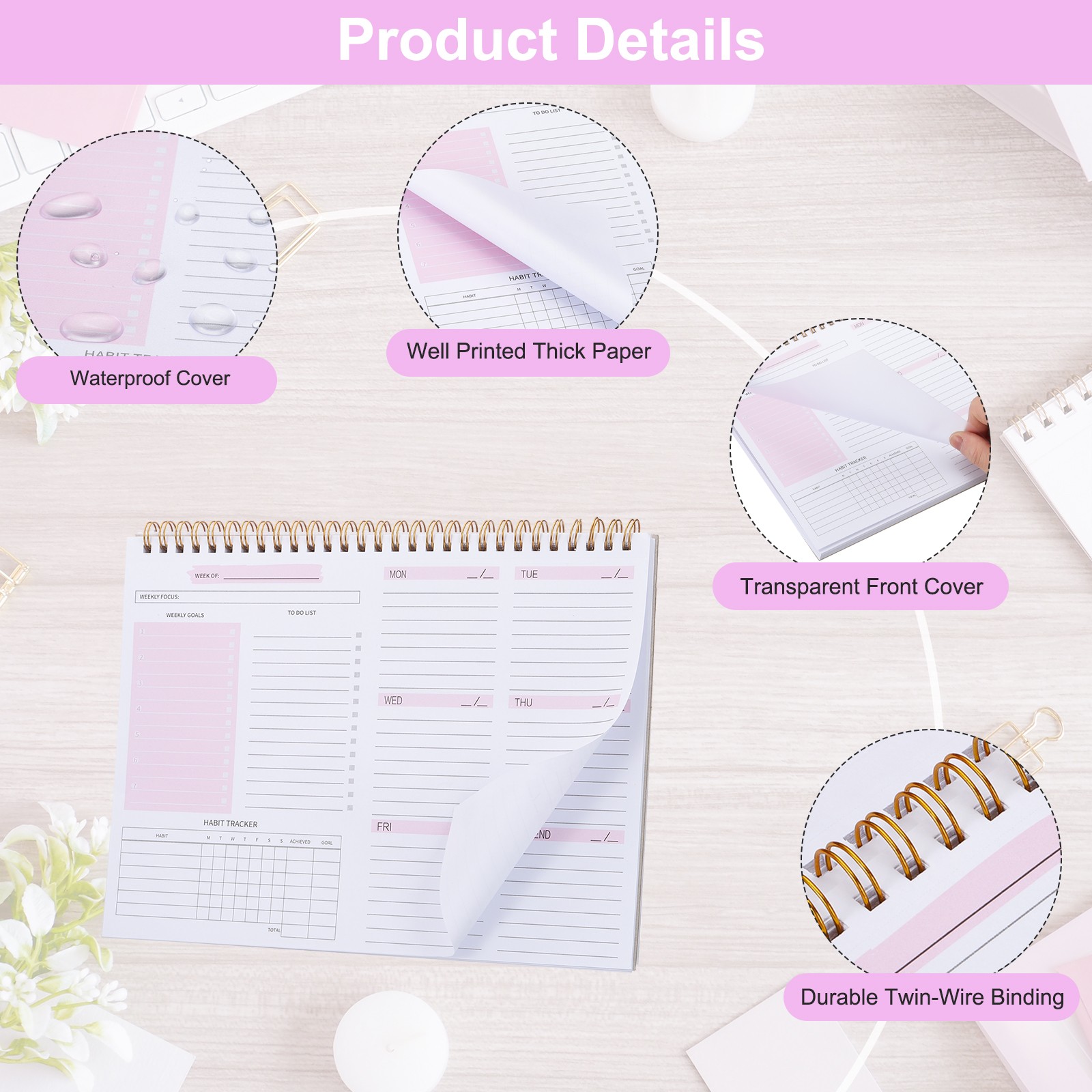 Weekly Goals Notebook, B5 10 x 8 Inches 53 Sheets to Do List Planner, Pink 1