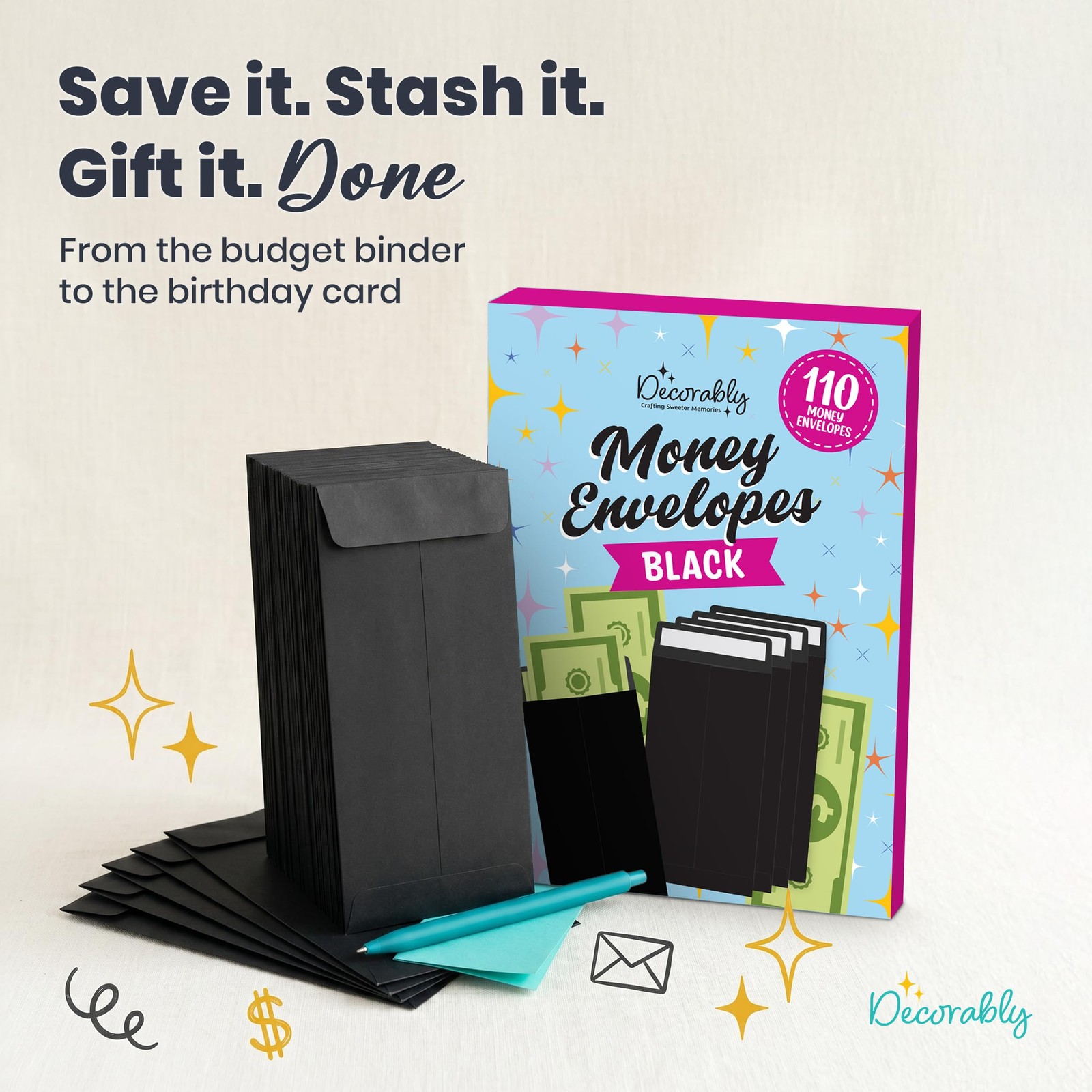 110 Pack Black Cash Envelopes Money Coins Gift Trinkets 3.5×6.5in Self Adhesive