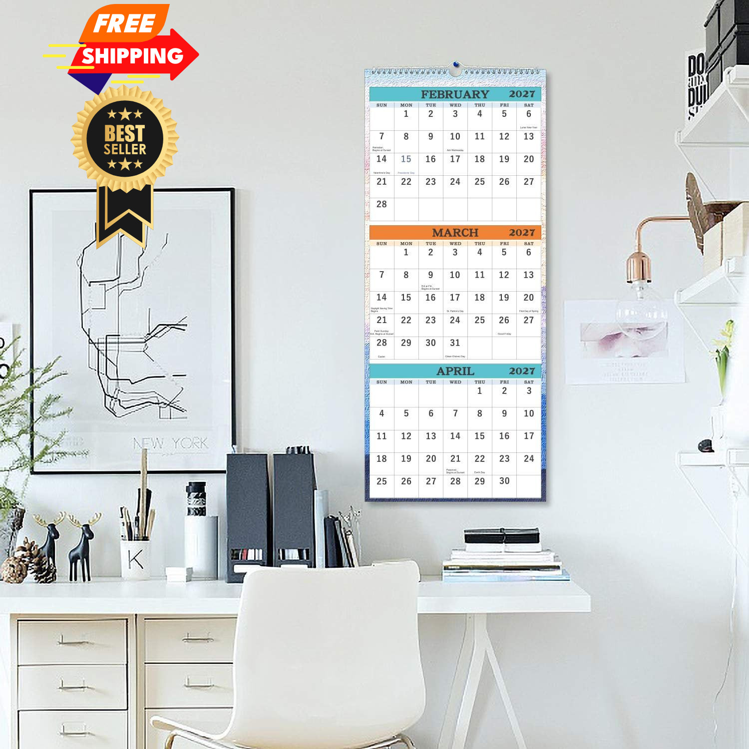 2026-2027 Wall Calendar – April 2026 – July 2027, 3-Month Large, White