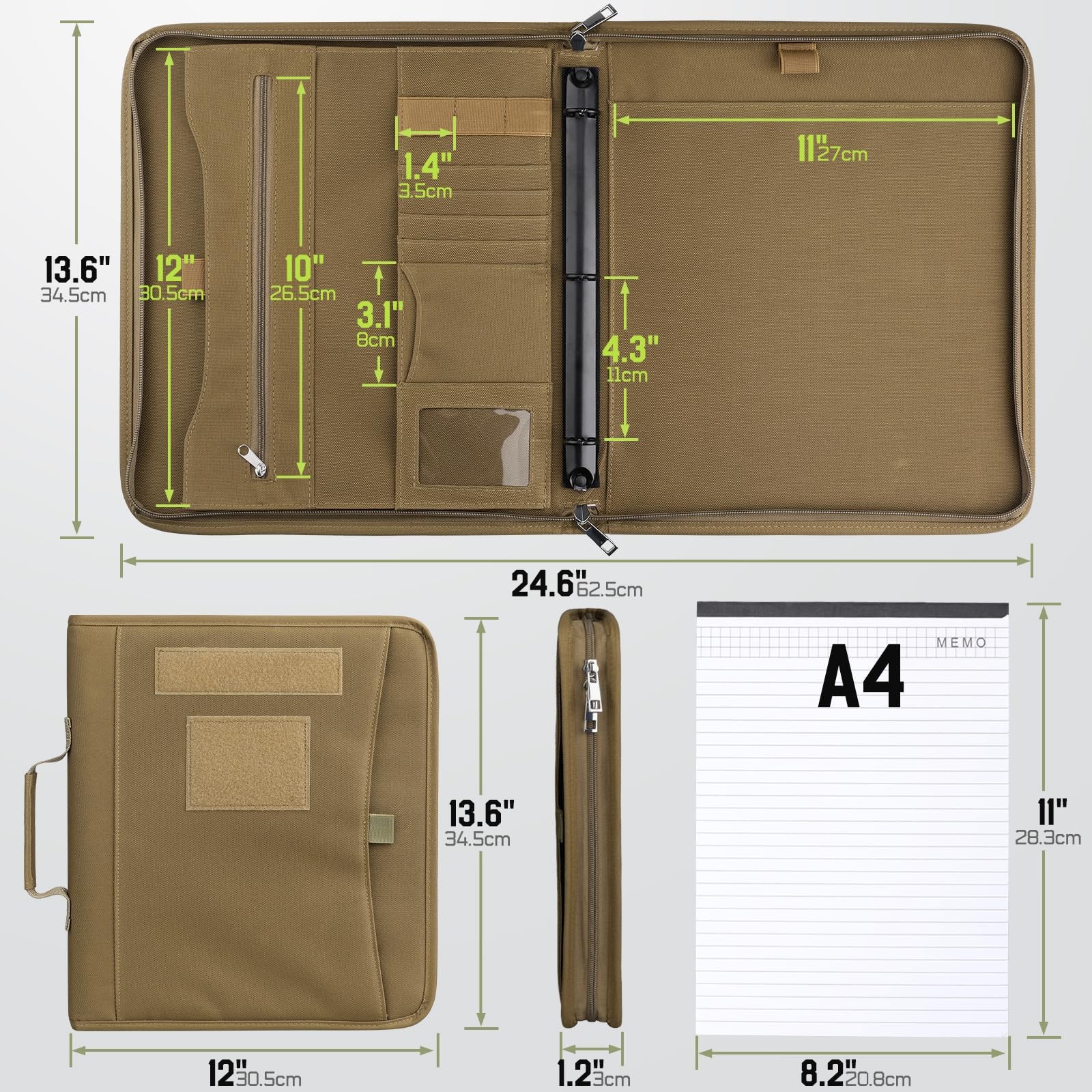 Livans Portfolio Padfolio Binder Detachable Large (12 x 13.6 IN), Khaki