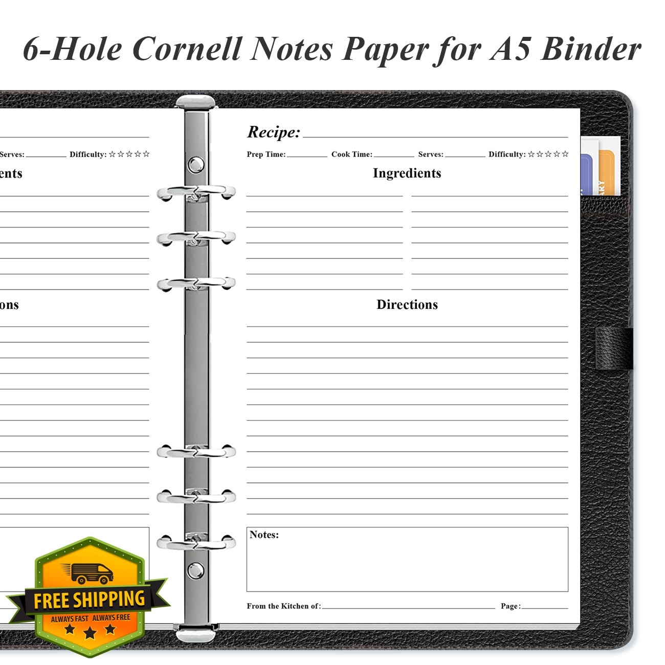 Yaridar A5 6-Hole Recipe Paper Refills 5.8×8.5