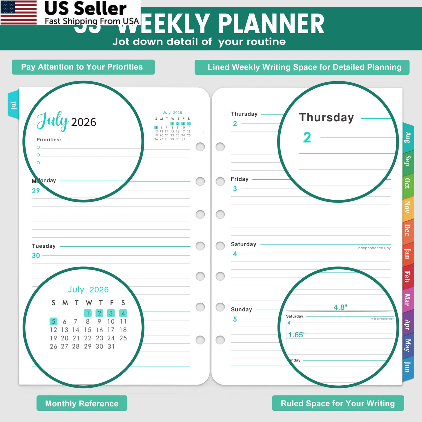 2026-2027 Planner Refills – 7-Hole Punched 5.5″ x 8.5″, Dopamine Color