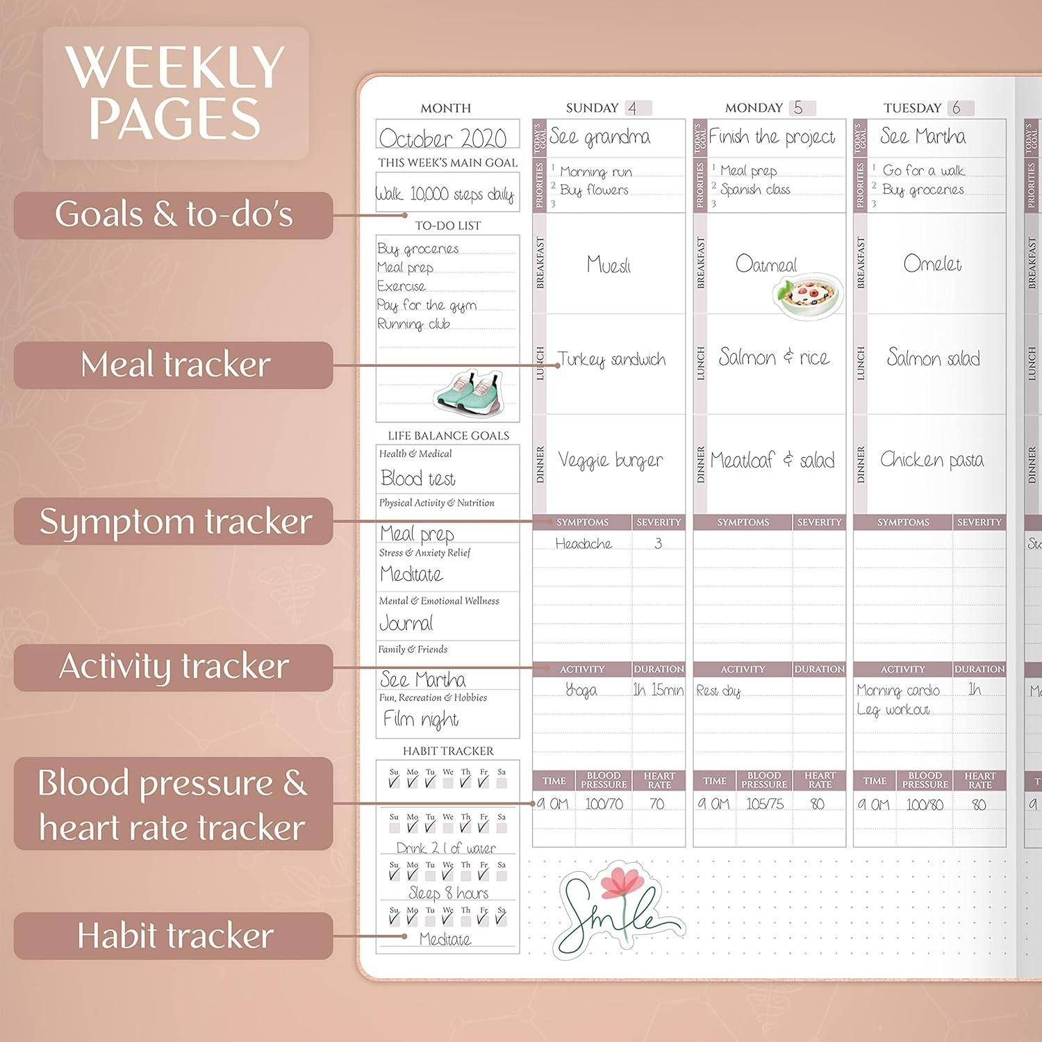 Legend Medical Planner 12-Month Health Tracker Journal Large (Rose Gold)