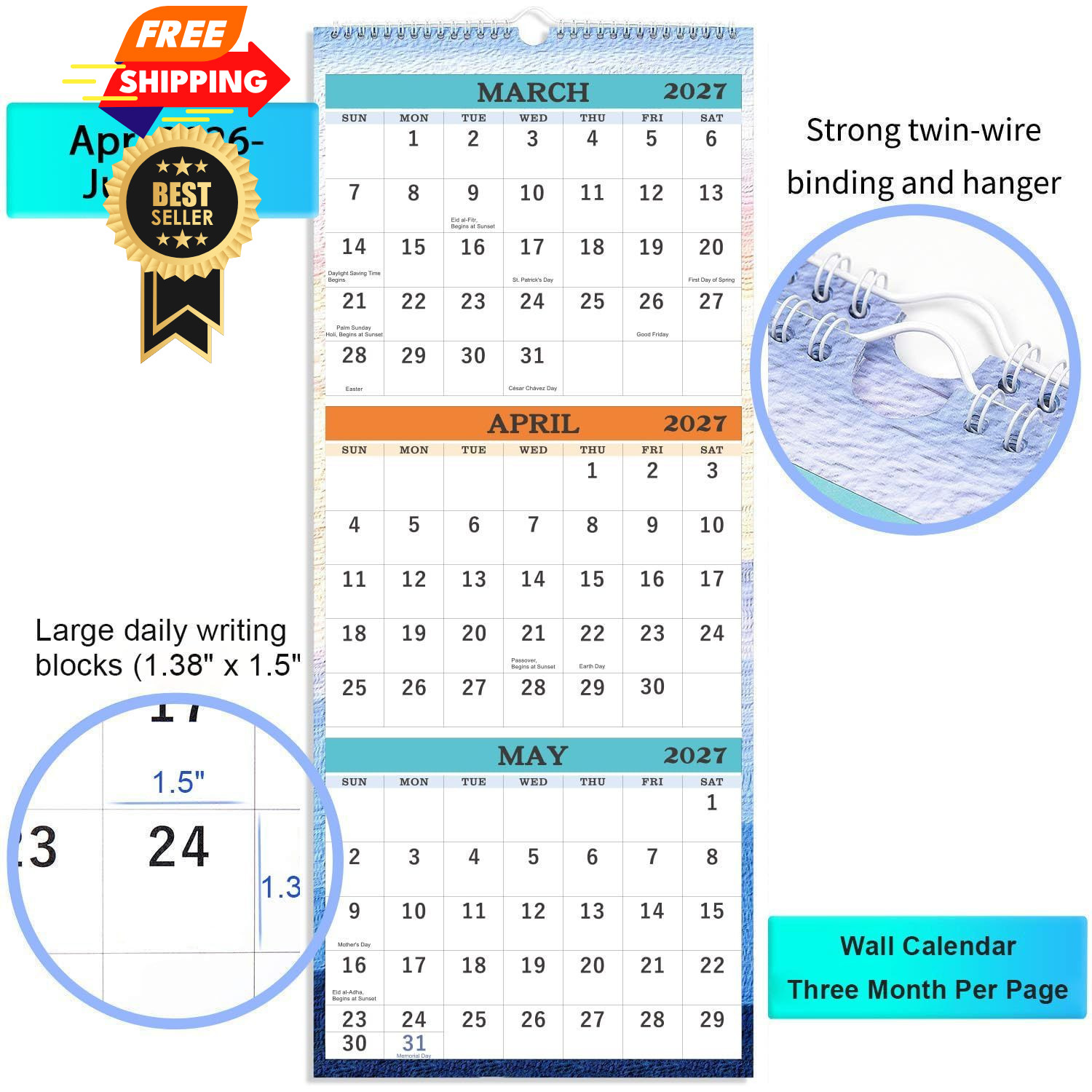 2026-2027 Wall Calendar – April 2026 – July 2027, 3-Month Large, White