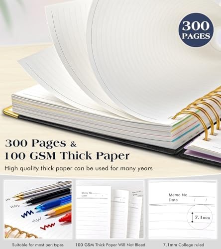 Spiral Notebook Journal with Removable Dividers Tabs, 300 Pages Hardcover Lea…