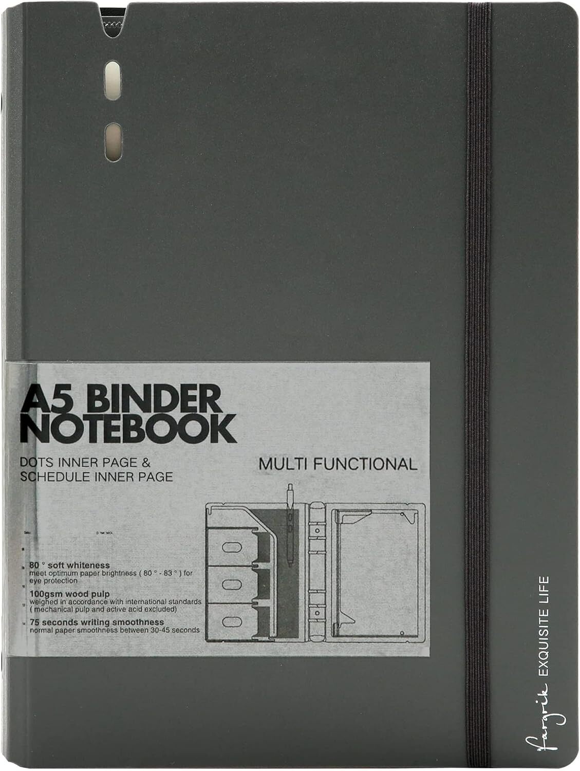 CAGIE A5 Binder 6 Ring Notebook with Dividers Daily&Dot Page, Grey