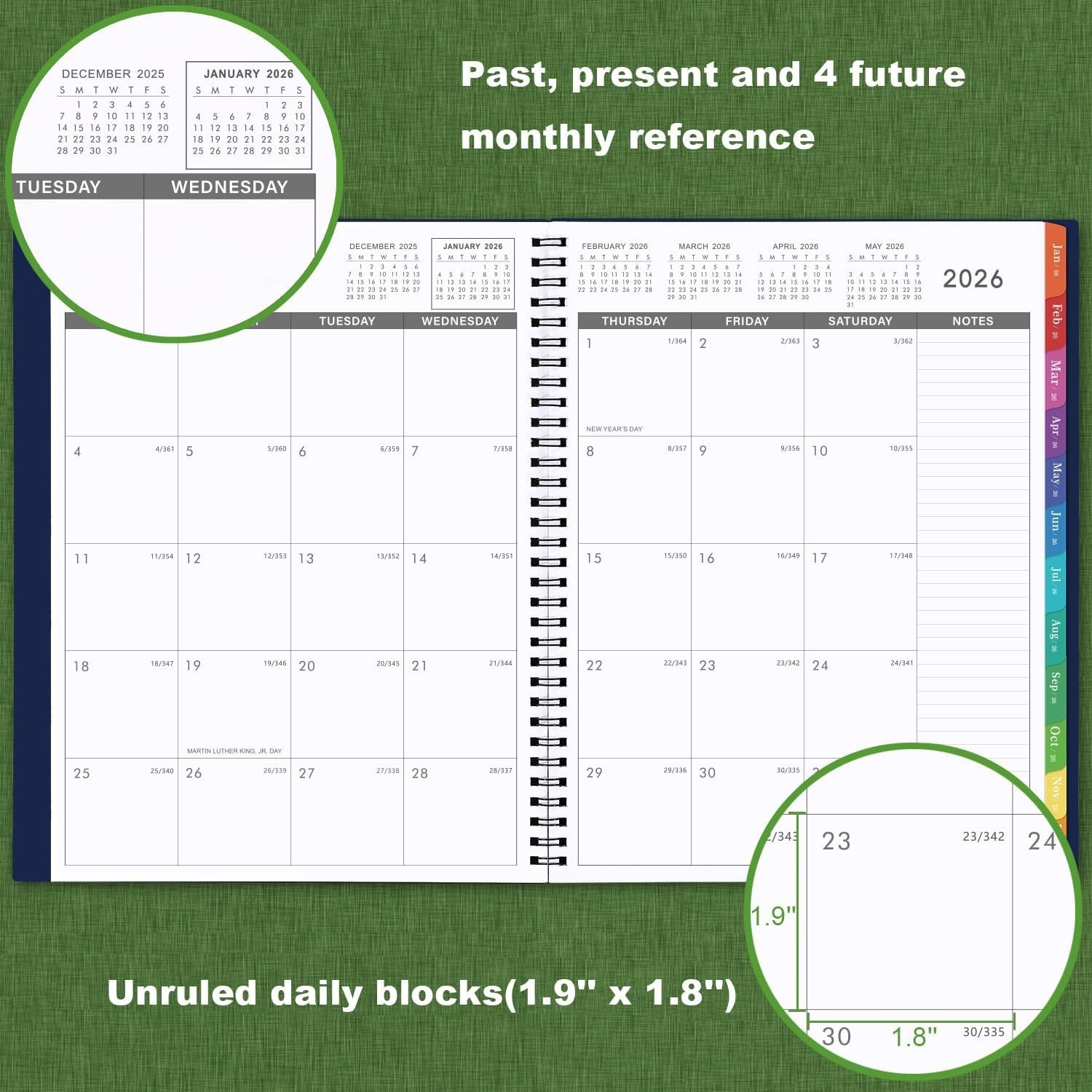 Stylish 2026 Monthly Planner – Twin-Wire Binding, Contacts & Passwords – Navy