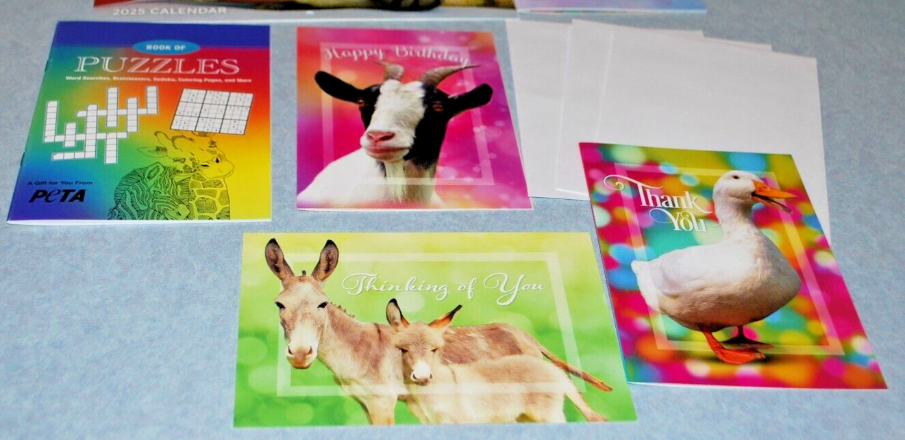2025 PETA 8 x 10 Wall Calendar/ Monthly Planner/ Puzzle Book/Greeting Cards Lot