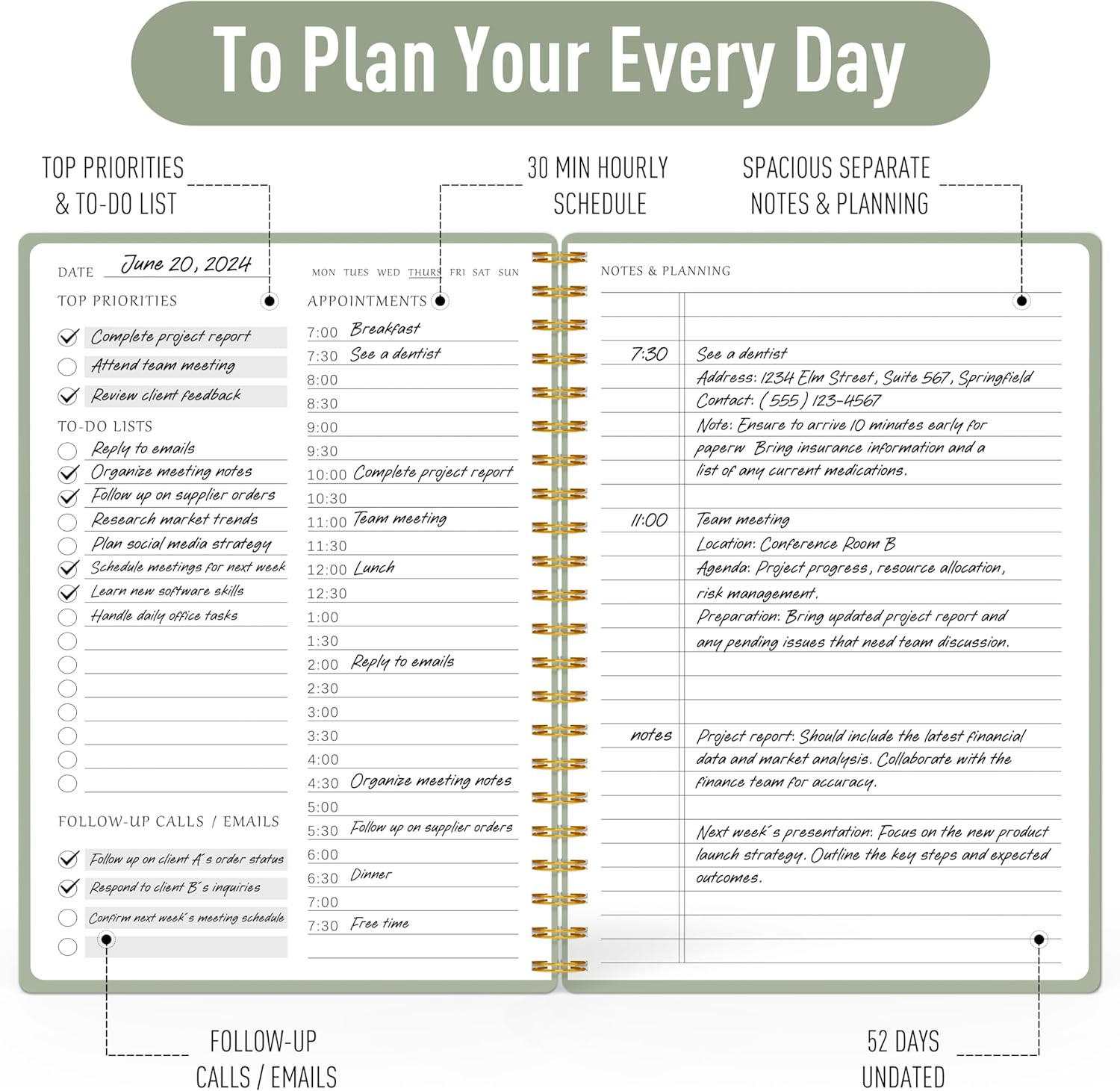 Daily Planner Undated – Simplified to Do List Notebook with Hourly Schedules, Sp