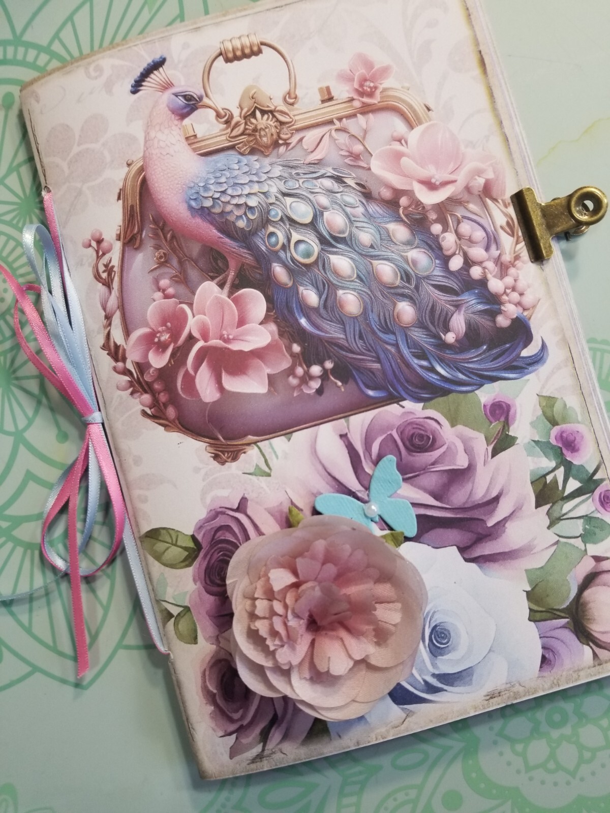 Junk Journal Booklet “VICTORIAN PEACOCK” HANDMADE Cards, Pockets, Ephemera