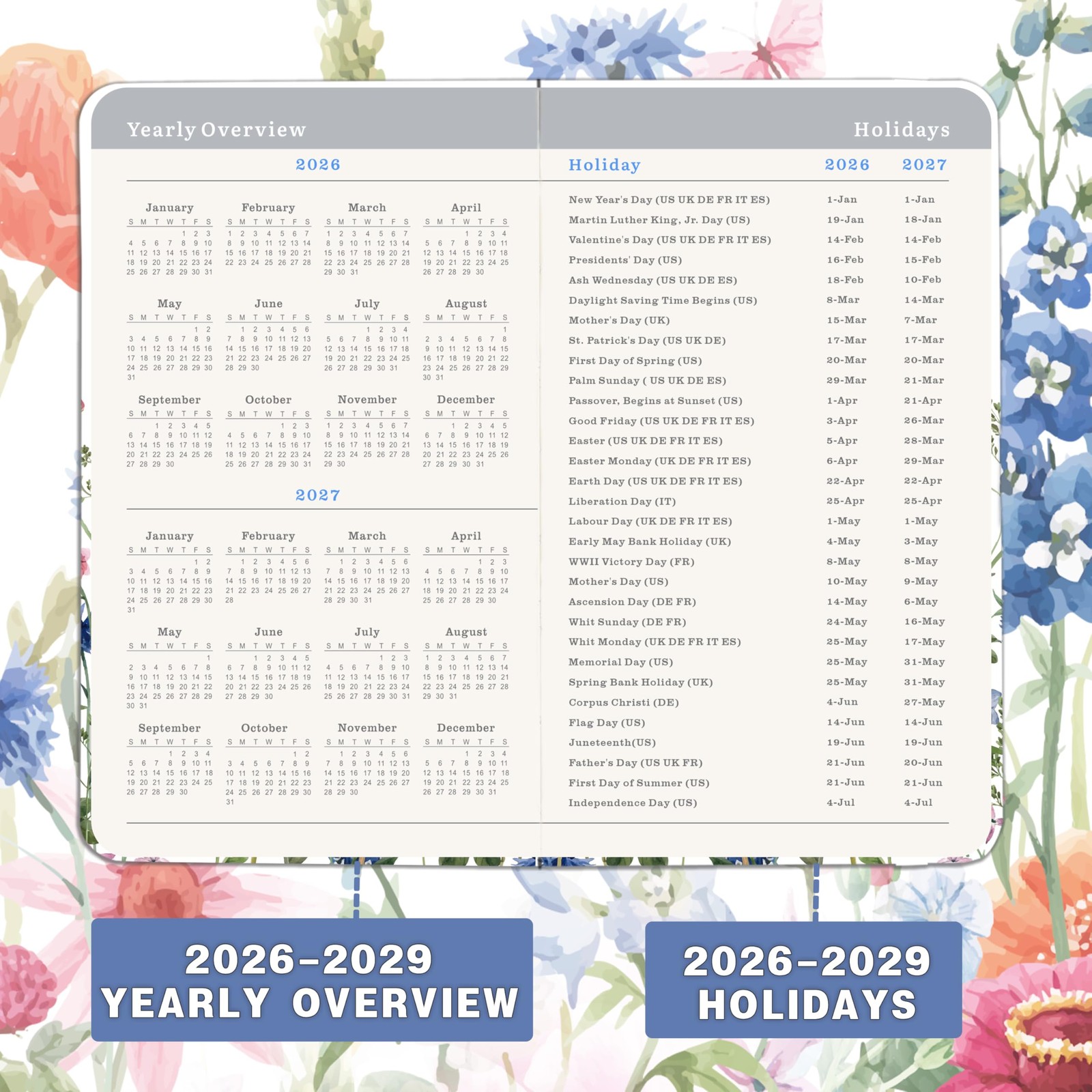 3 YEAR POCKET CALENDAR PLANNER 2026–2029 SMALL MONTHLY NOTEBOOK TRAVEL SIZE