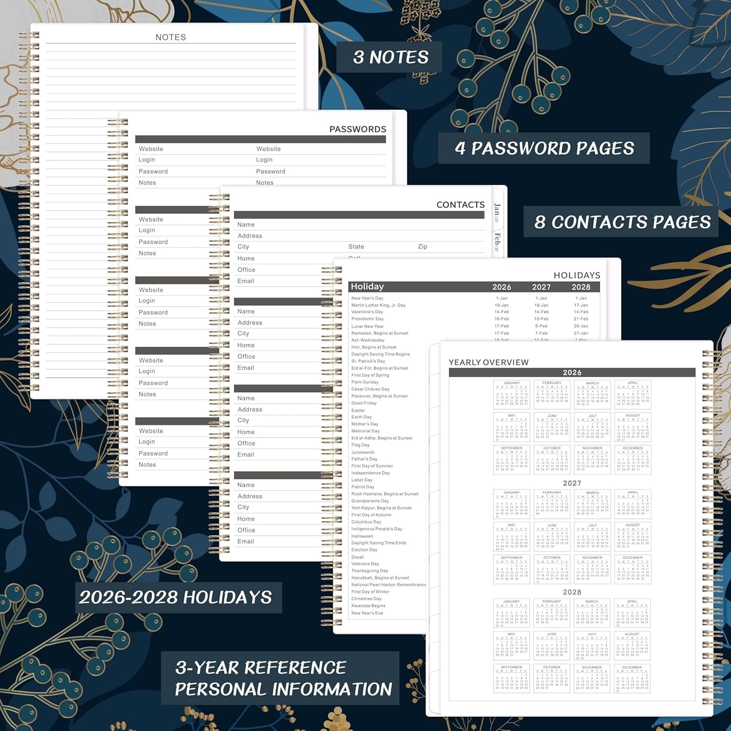 Elegant 2026-2028 Monthly Planner with Twin-Wire Binding & Note Pages – 11″x9″