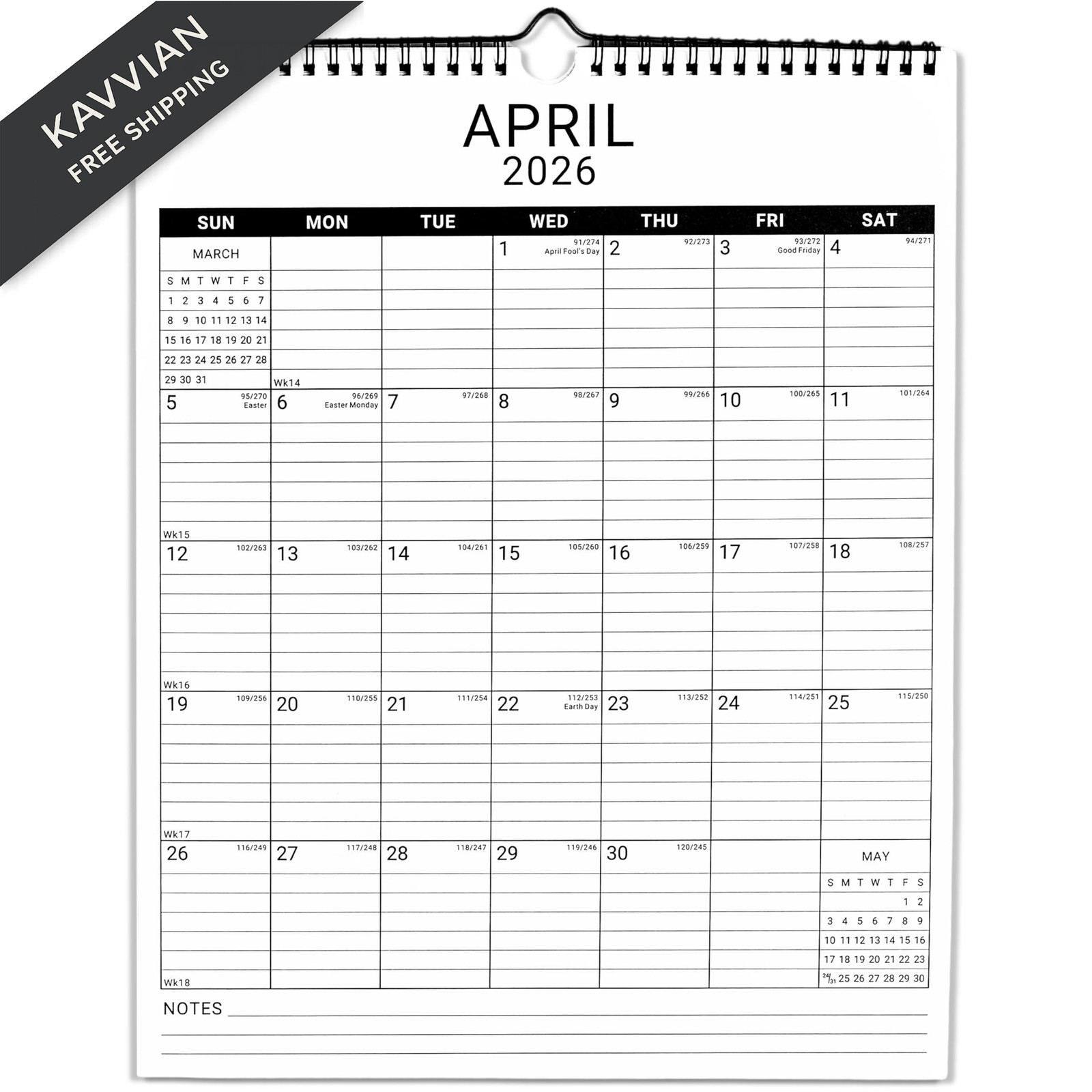 2026 Wall Calendar, 12 Month 11.5”x14.8 ‘’ Year Monthly White2_11x14.5_Vert