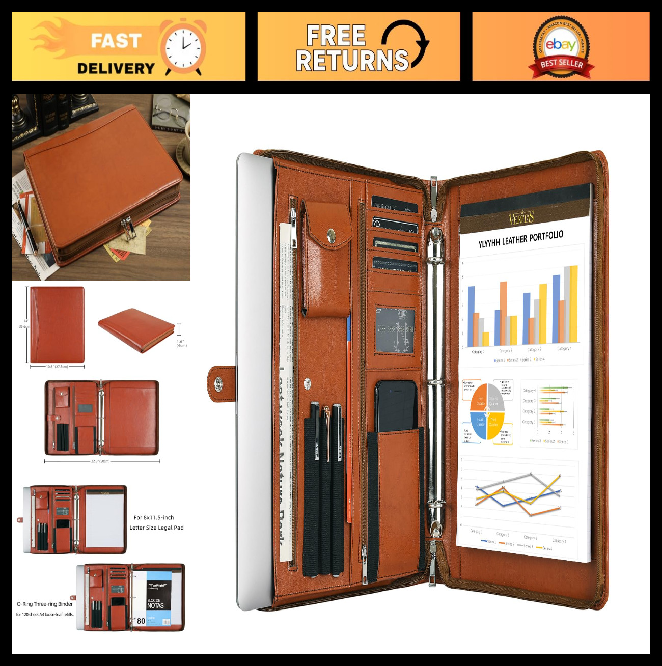 Brown Leather Padfolio Organizer, 3 Ring Business Binder for A4 Notepad & Laptop