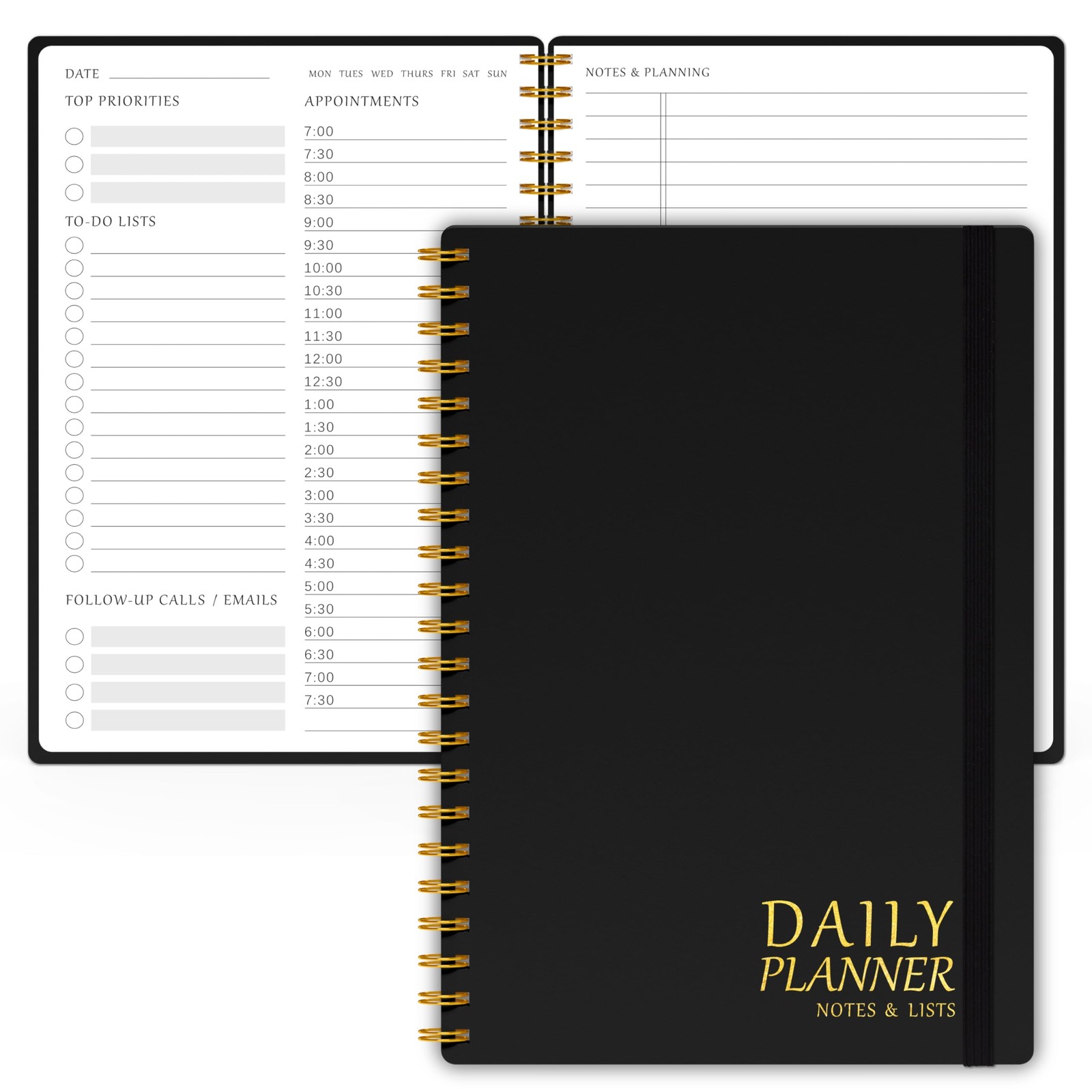 Daily Planner with Hourly Schedules – Undated To Do 5.5 x 8.5 inches, a.Black
