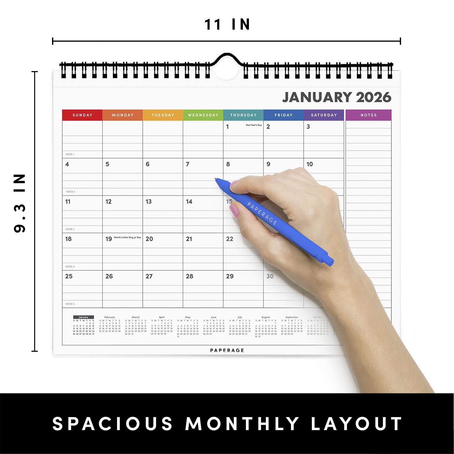 PAPERAGE 2026 Calendar, 12 Months (January 2026 – Small 2026, Rainbow