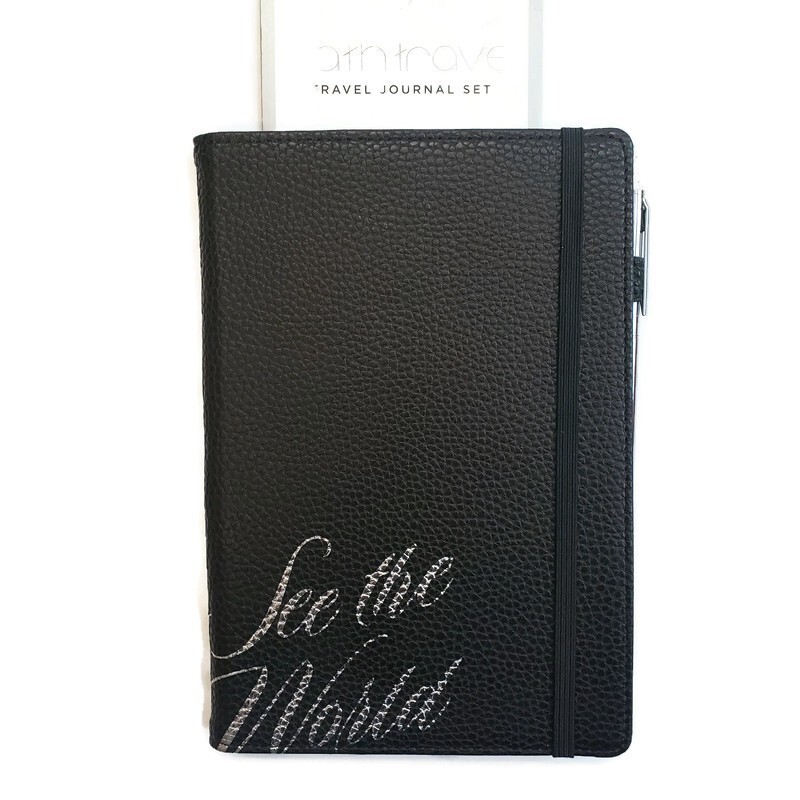 See The World Travel Journal Set Path Pocket Notebook Black Elastic Closure Pen