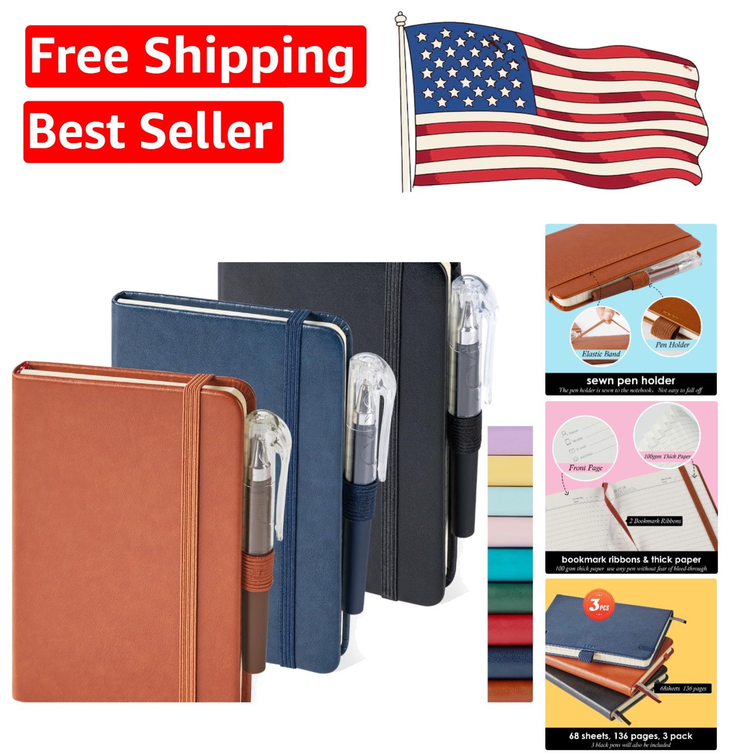 3-Pack Leather Pocket Notebooks with Pen Holder – A6 Mini Journals in 3 Colors