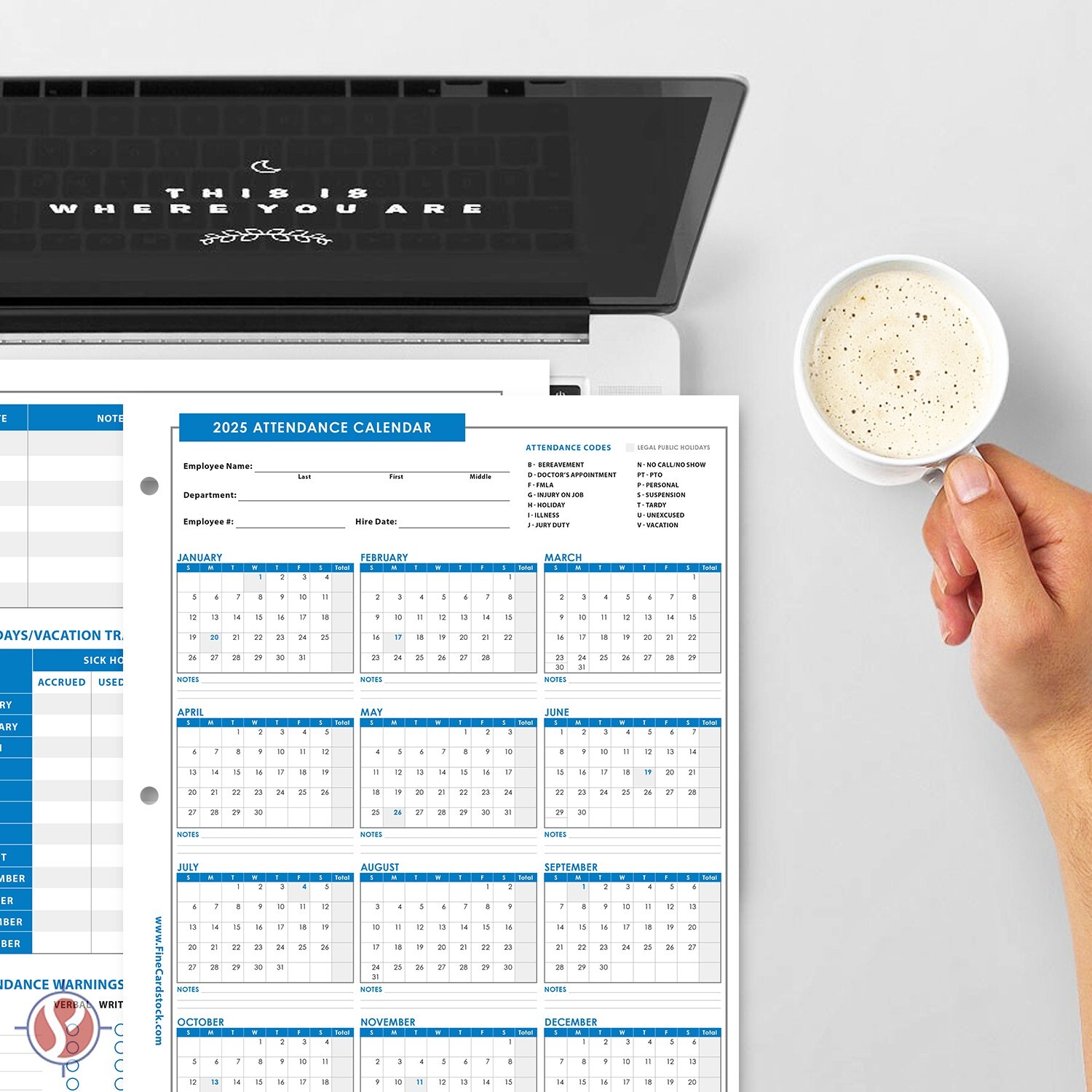 2025 Attendance Calendar Cardstock, Employee Work Tracker, 8.5 x 11, 25 Qty