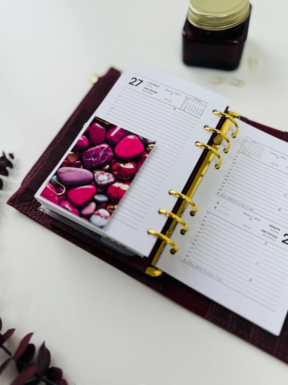 Burgundy A6 leather notebook cover binder 6-Rings. Dated planner gift for her.
