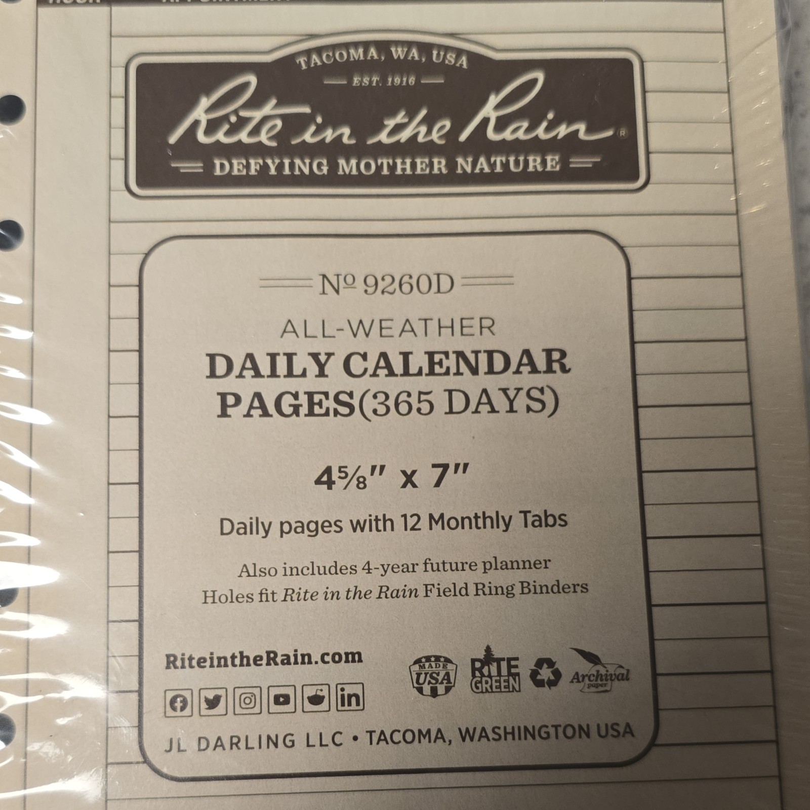 Rite In The Rain 9260D 4-5/8″ X 7″ All Weather Daily Calendar Pages 365 days Tan