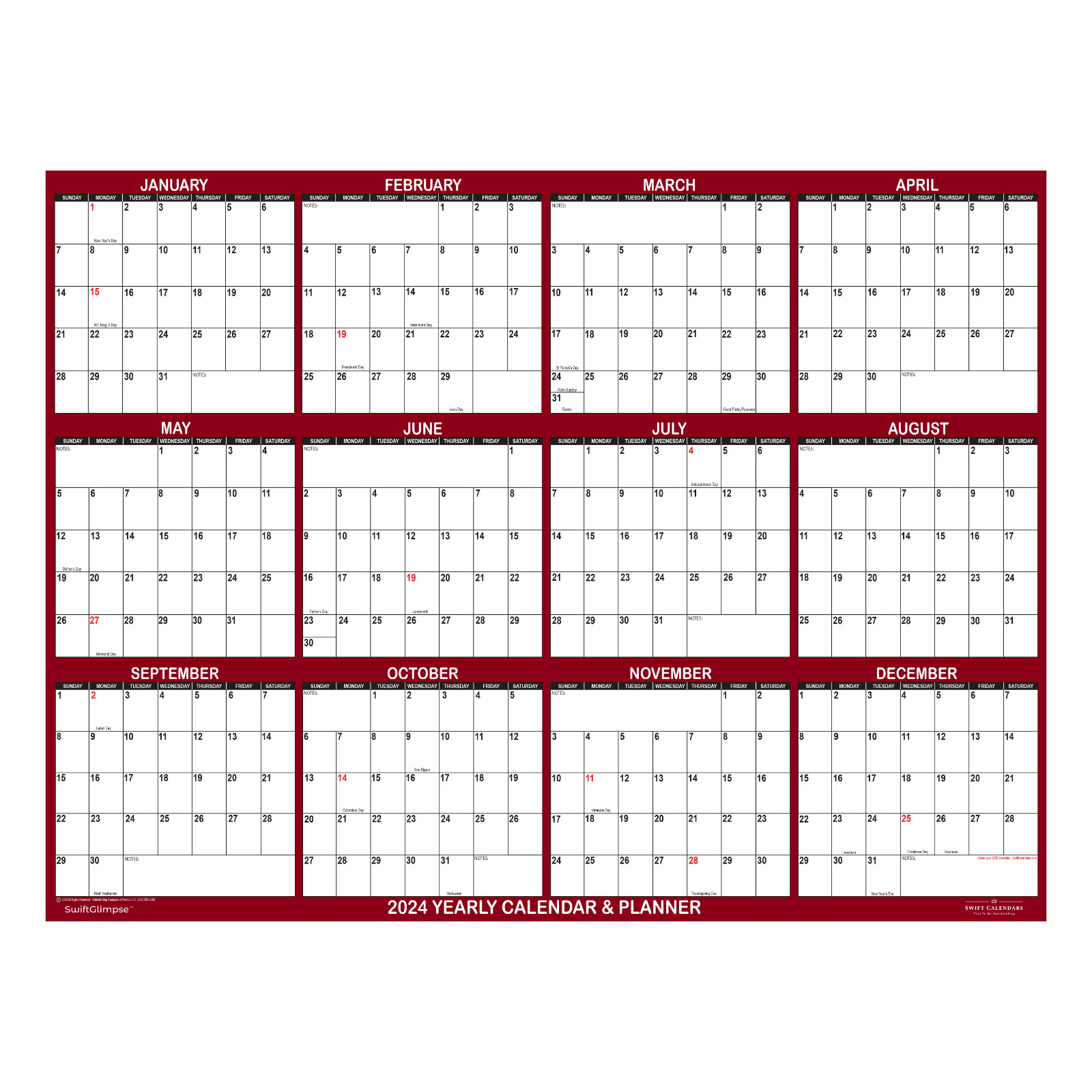 48×72 SwiftGlimpse 2024 Erasable Wall Calendar Planner, Huge Planning – Maroon