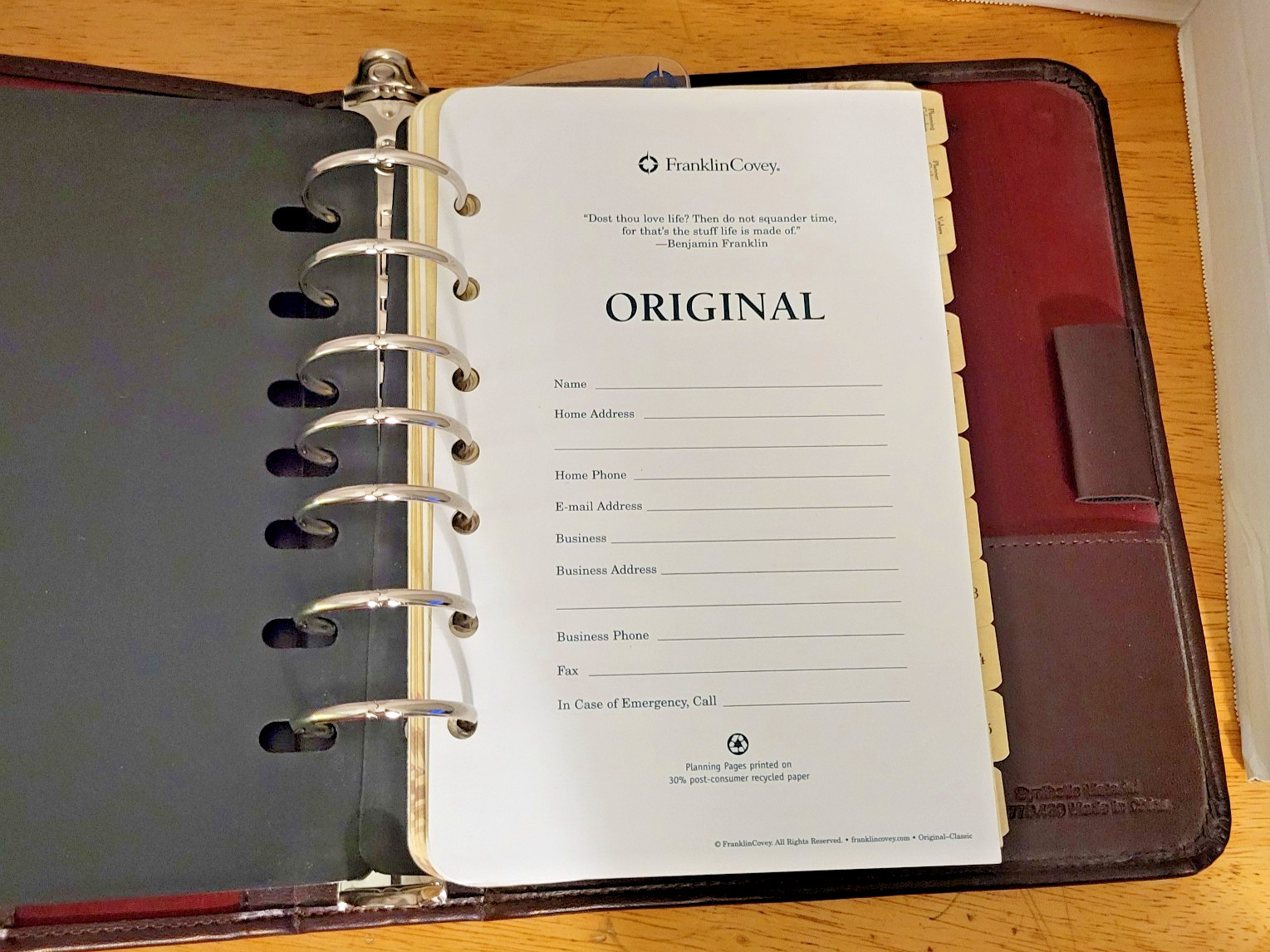 Brown Franklin Planner Classic Size 8″x9″ Open Vinyl 7 Ring Planner