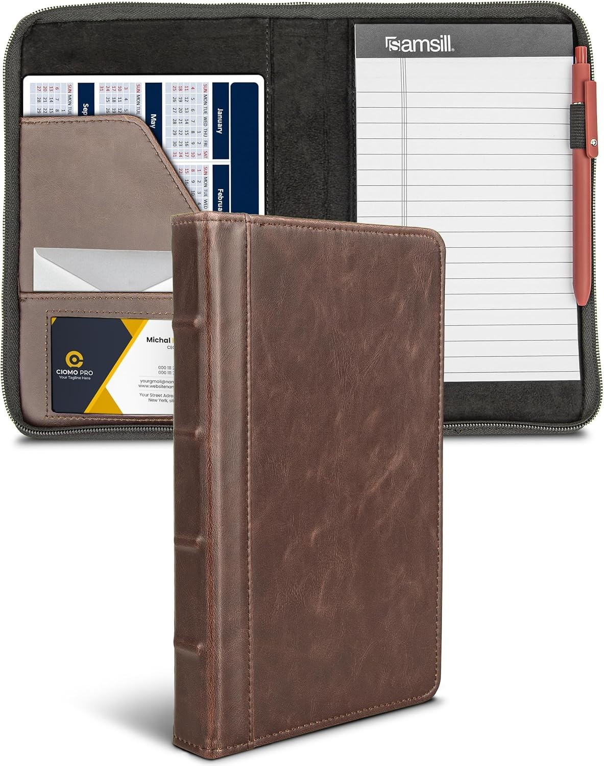Sophisticated Vintage Faux Leather Zipper Portfolio – 5 x 8 Business Padfolio