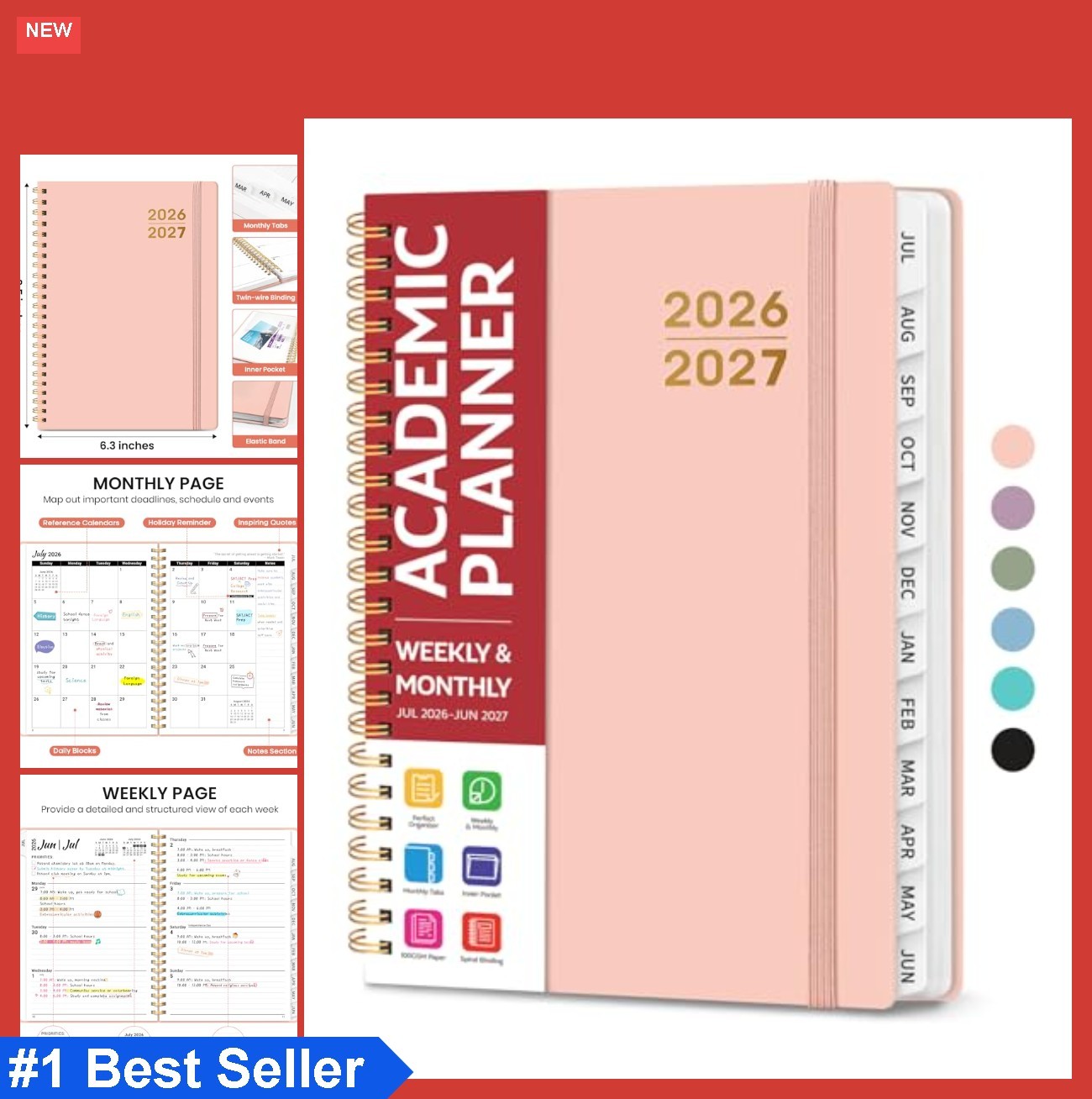 Academic Planner 2026-2027 Weekly Monthly A5 6.3×8.5 Spiral Bound Hardcover Pink