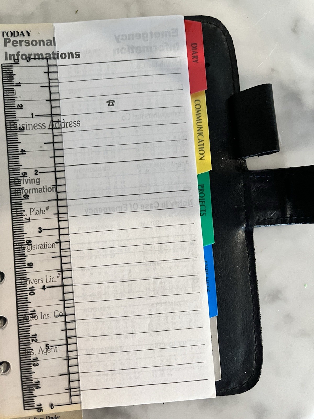 Vintage Day Planner Binder Black Faux Leather Six Rings Organizer 5×7 Desk 90’s