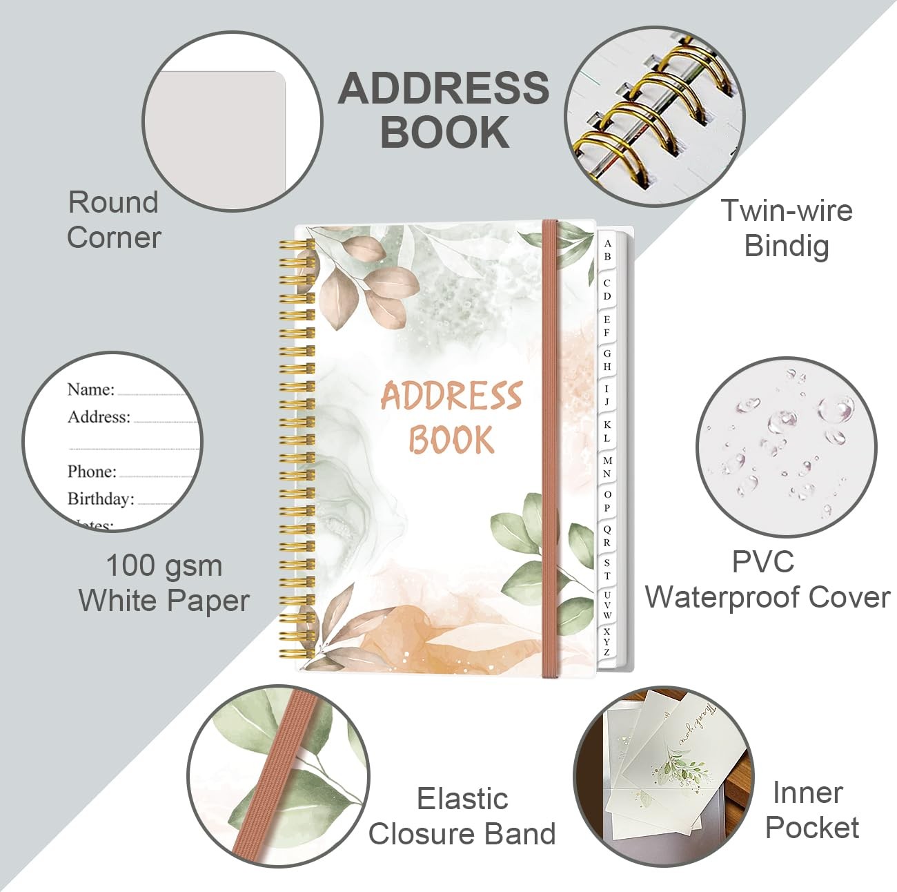 Address Book with Alphabetical Tabs – A5 Telephone & 6.2″ x 8.5″, Rose Leaf