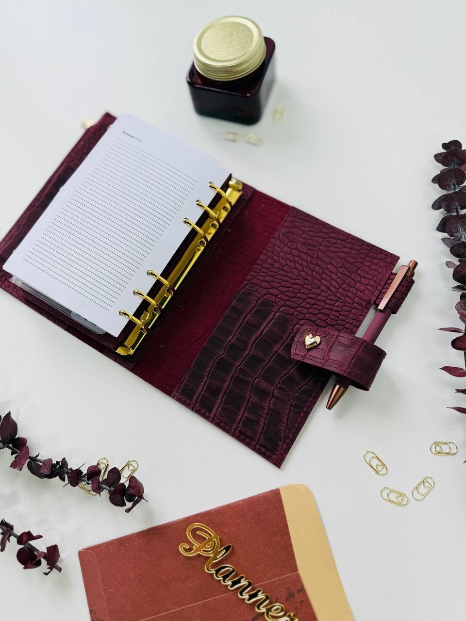 Burgundy A6 leather notebook cover binder 6-Rings. Dated planner gift for her.
