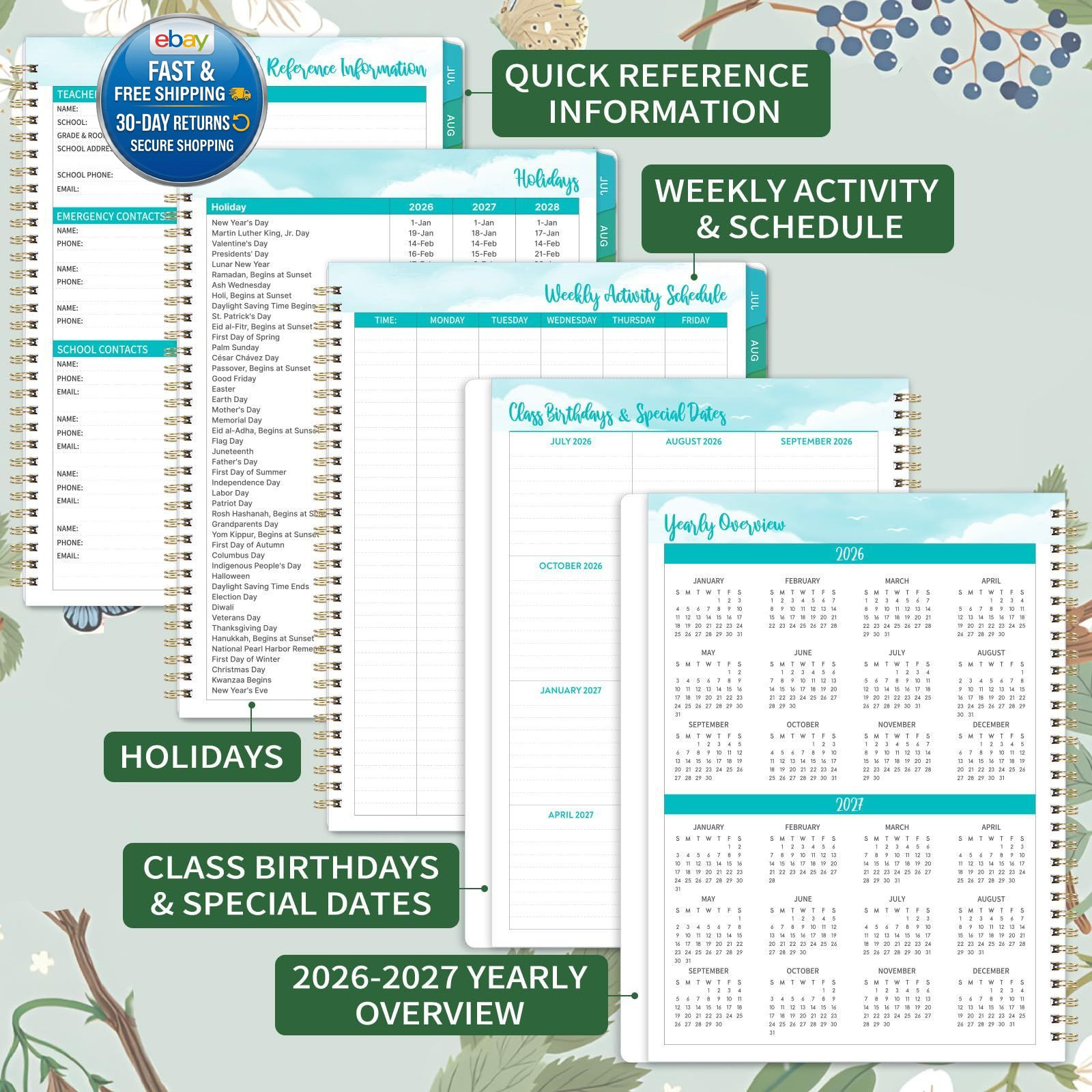 Teacher Planner 2026-2027 – Lesson 9″x11″, Green & Floral
