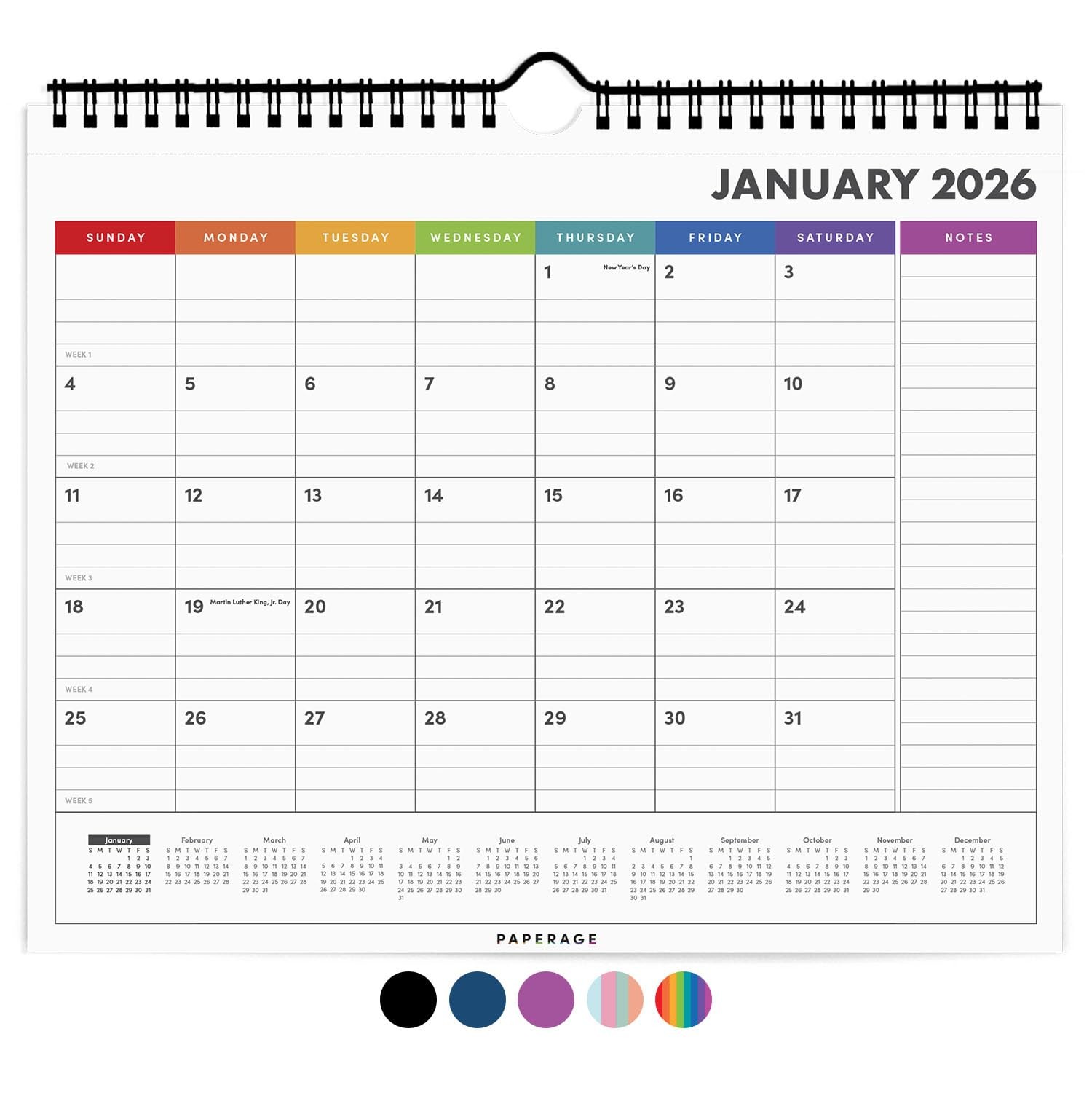 PAPERAGE 2026 Calendar, 12 Months (January 2026 – Small 2026, Rainbow