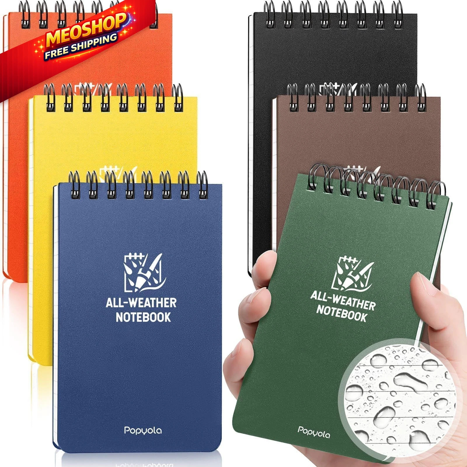6 Pack Waterproof Notebook, 3″ x 5″ Top-Spiral Pocket Notepad 6 Pack, Rainbow