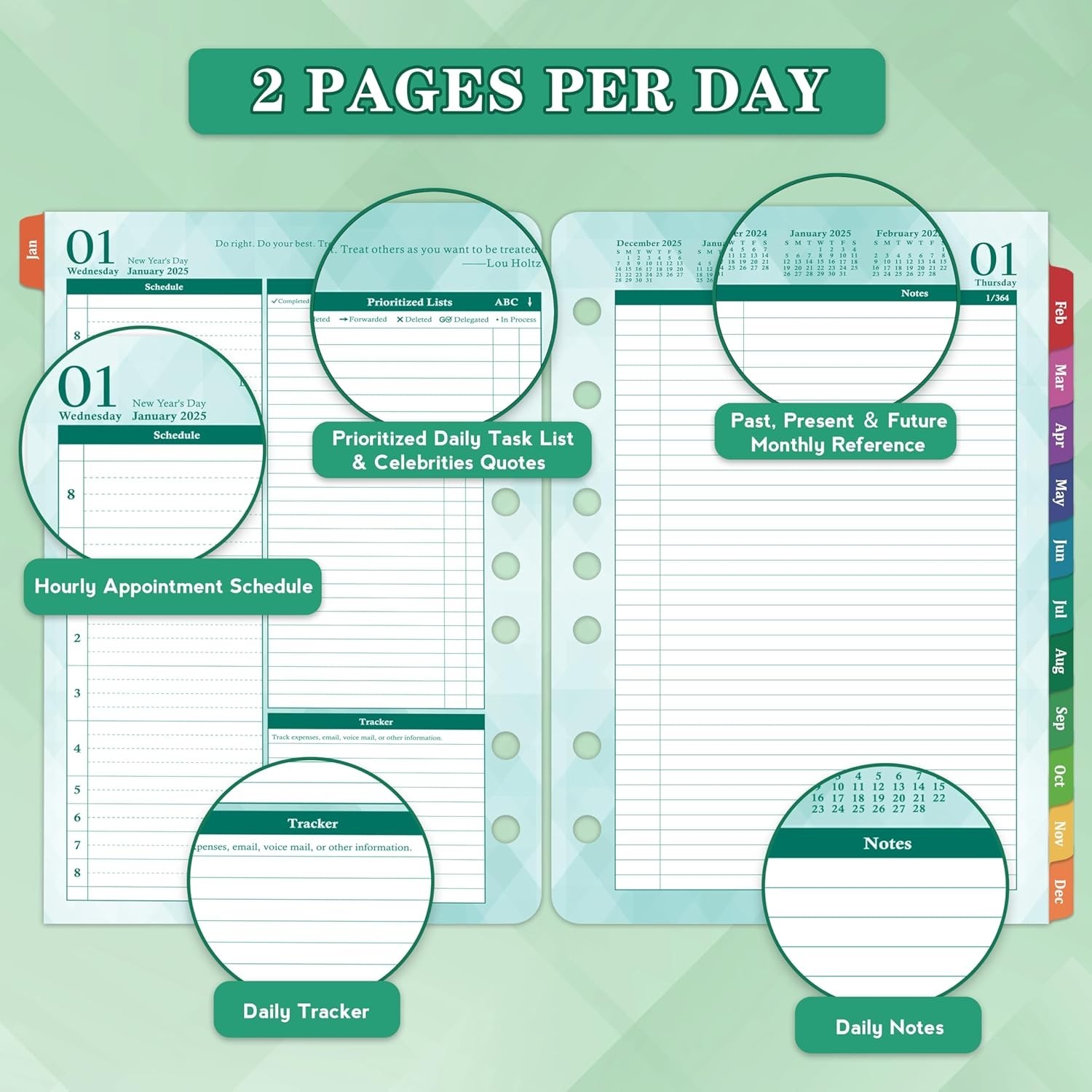 Refillable 2026 Planner – 2 Pages Per Day Organizer with Inspirational Quotes