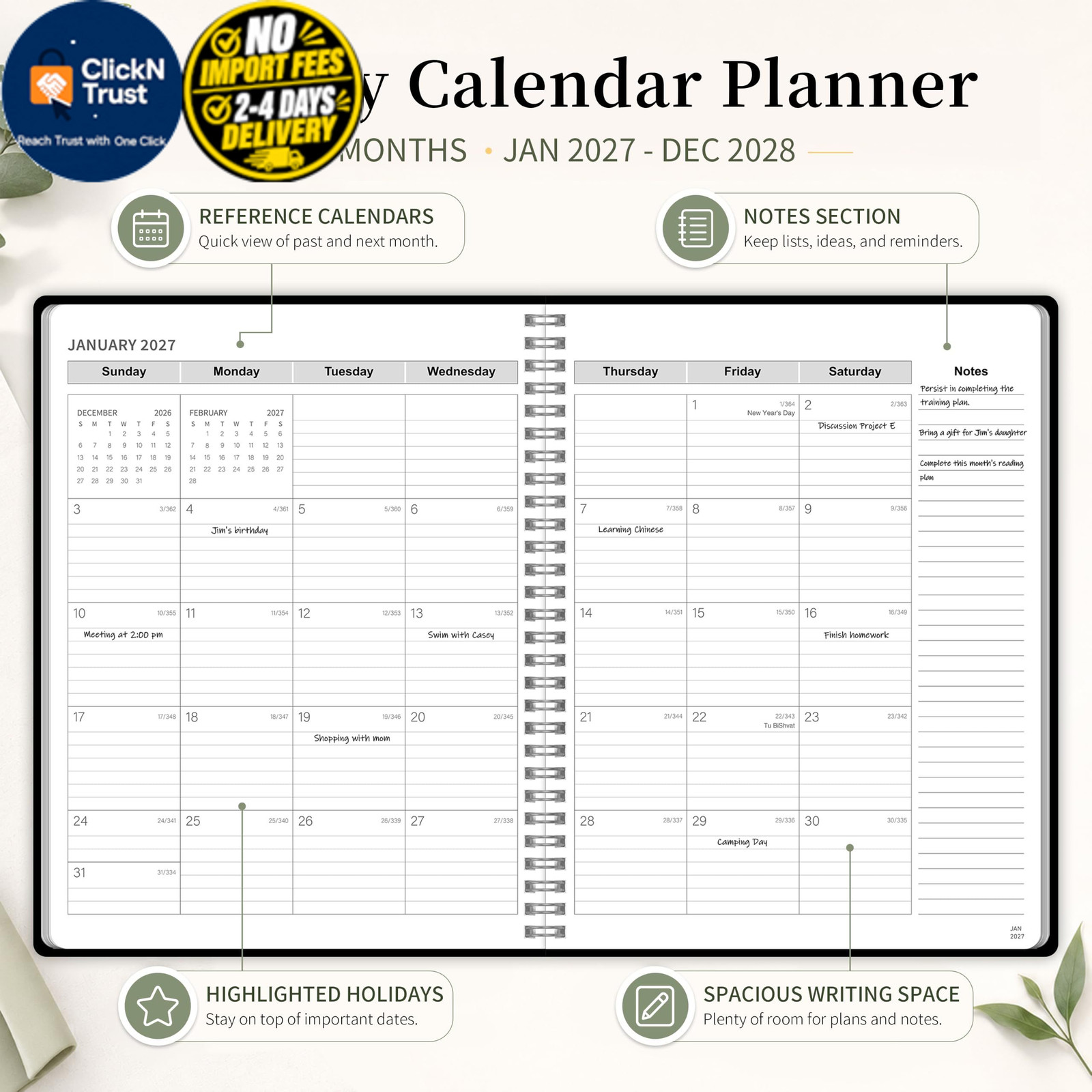 2027-2028 Monthly Planner, Jan 2027-Dec 2028, A4 2027 – Dec Black
