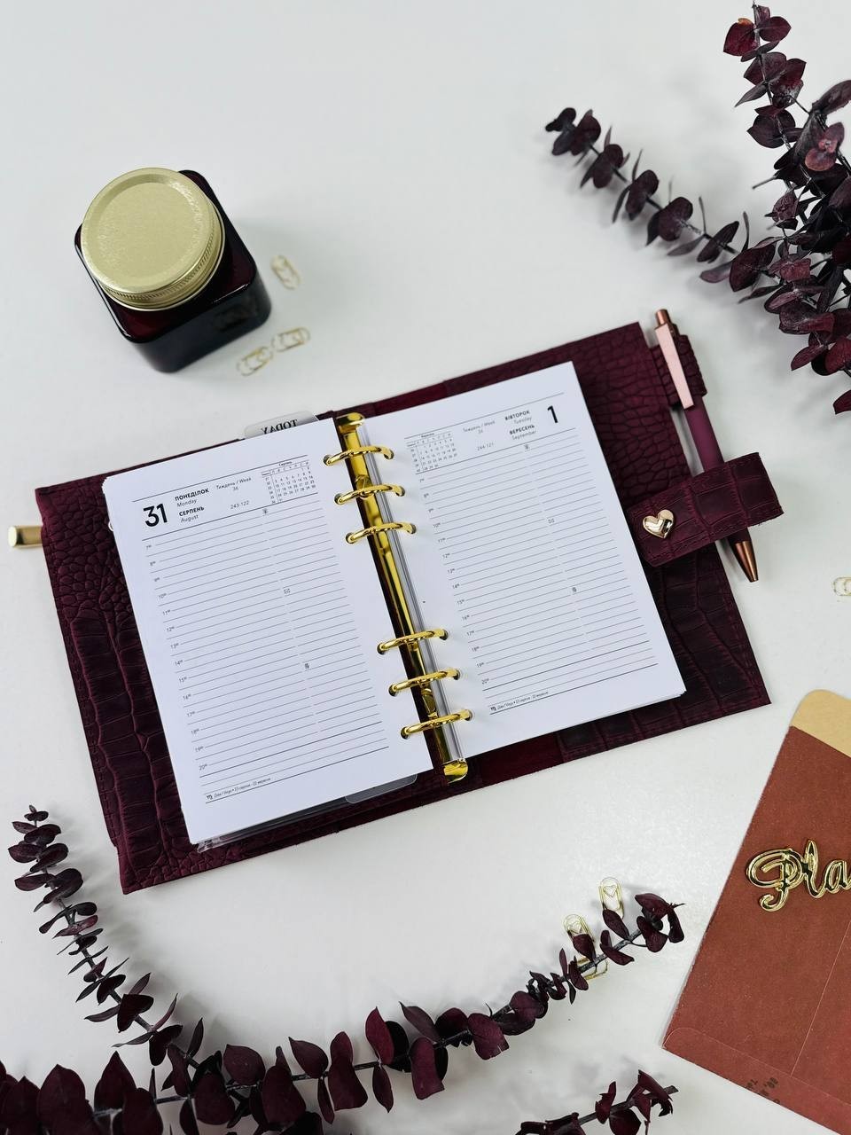 Burgundy A6 leather notebook cover binder 6-Rings. Dated planner gift for her.