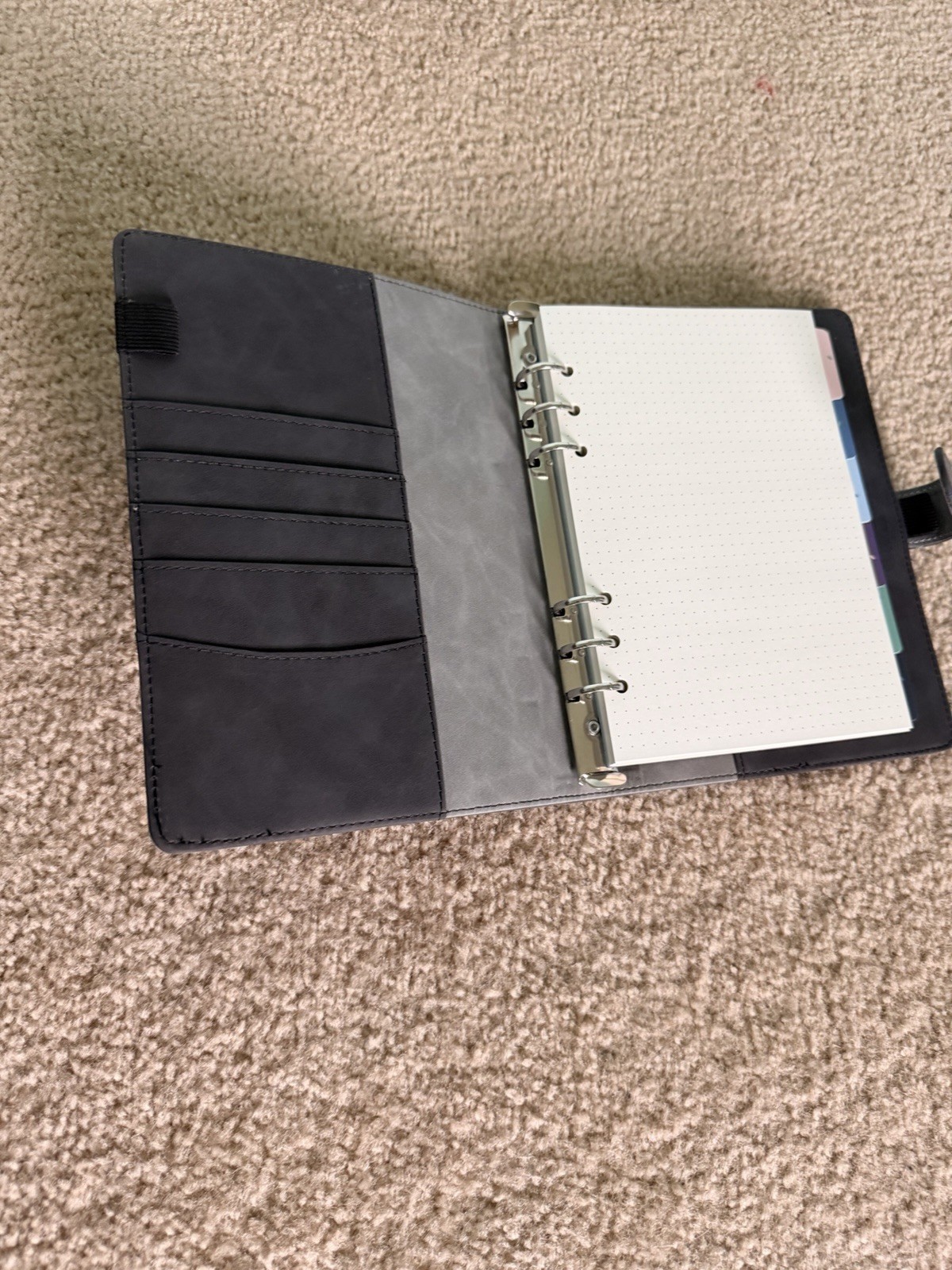 A5 Refillable 6 Ring Faux Leather Binder Black/Grey – WITH Dotted Paper and Tabs
